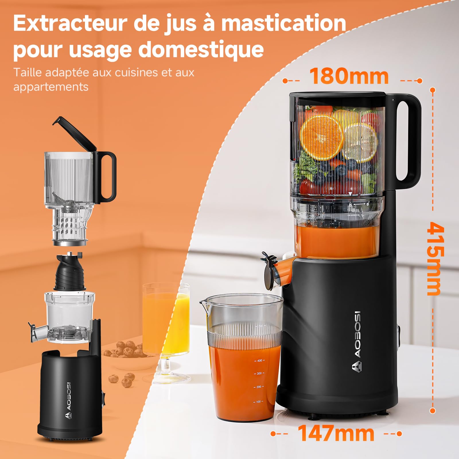 AOBOSI Extracteur de jus 135 mm XXL 90 tr/min moteur cuivre silencieux sans BPA