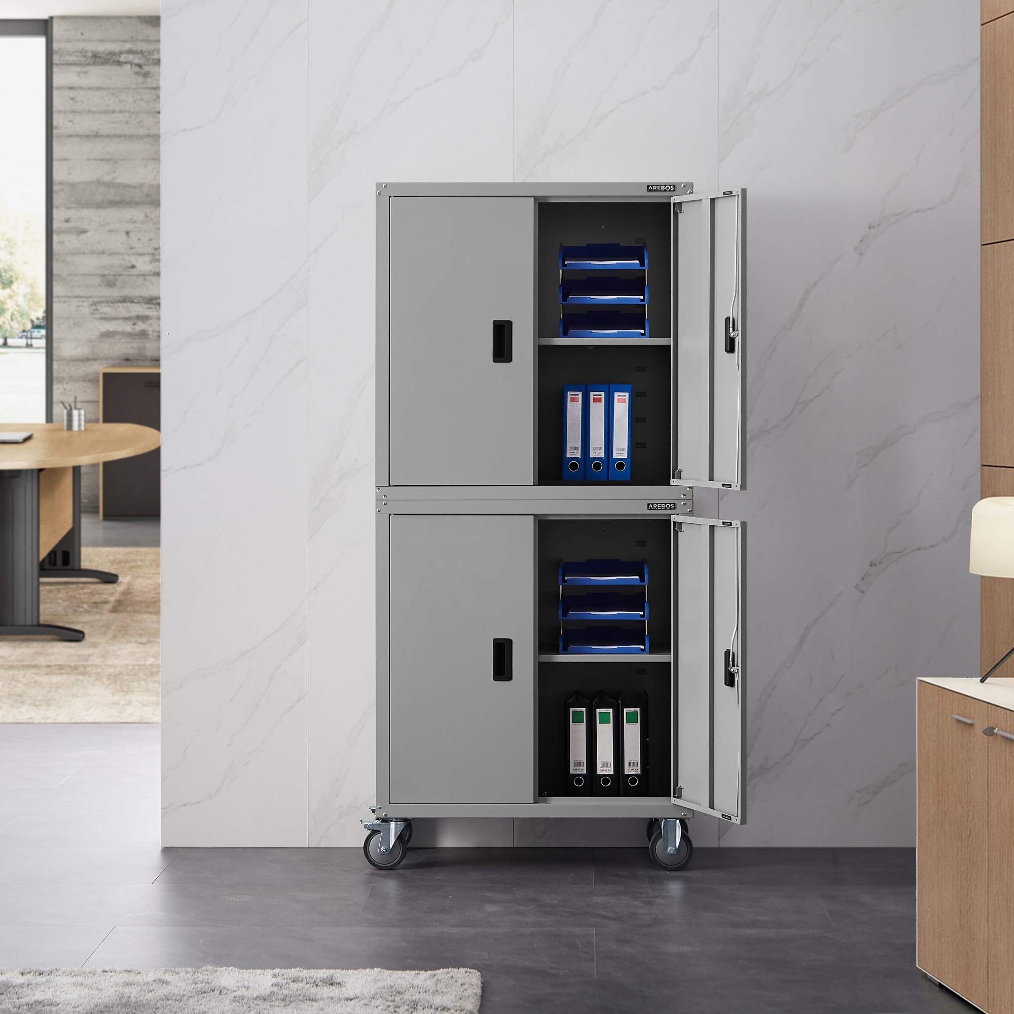 Arebos Aktenschrank Büroschrank | Grau | 195 x 40 x 90 cm | 2er Set | 4 Türen | mit Räder | Höhenverstellbare Einlegeböden | mit Zylinderschloss