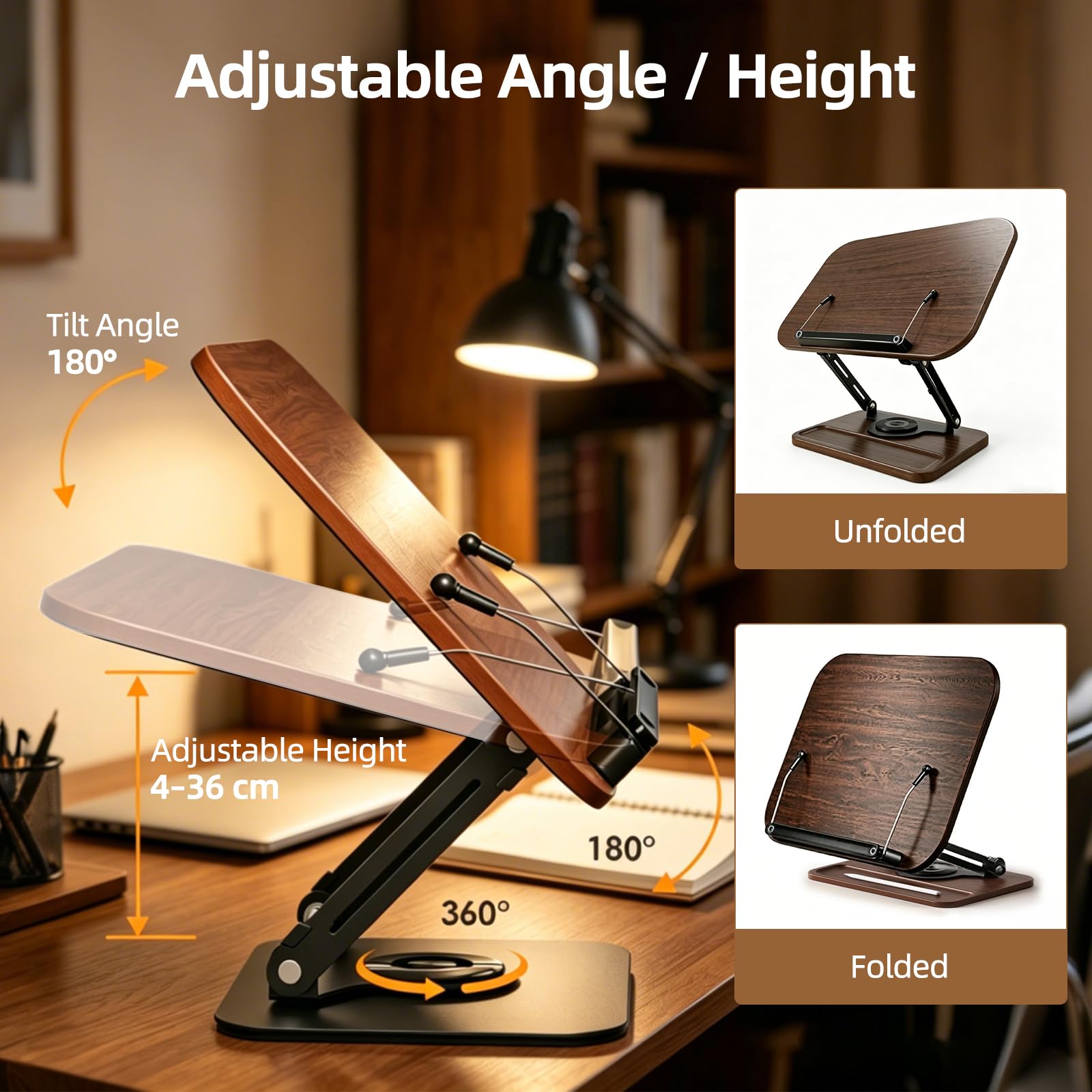 Support de livre pliable et rotatif à 360° – Support de lecture ergonomique en bois pour livres, livres de cuisine et tablettes – Libérez vos mains pour la Cuisine, bureau et espace de travail