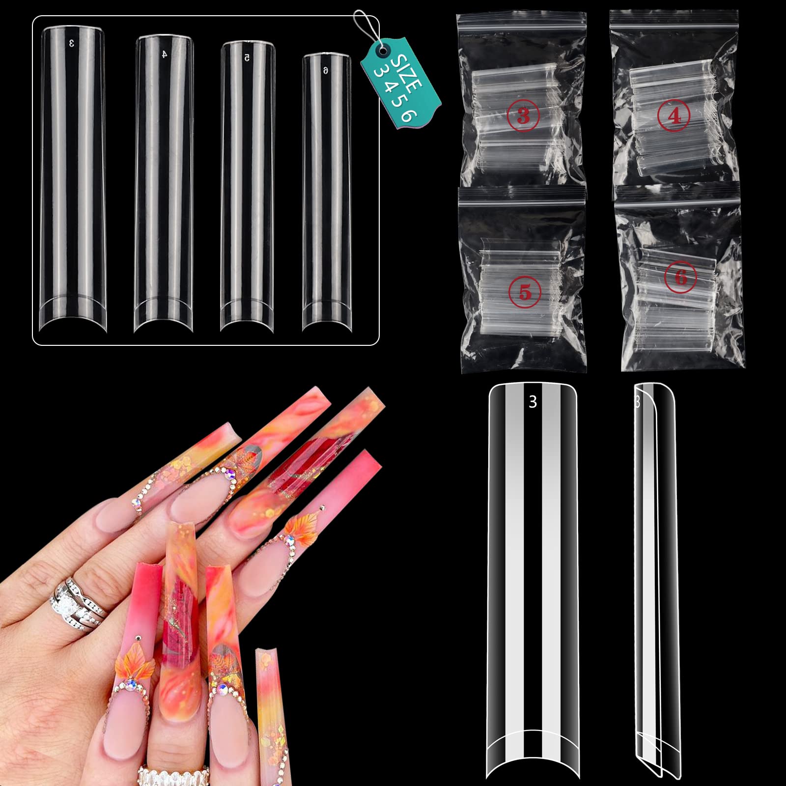 200PCS 3 4 5 6 Size NO C Curve Clear Nail Tips for Acrylic Nails Professional, 3XL Long Flat Tapered Square Nail Tips, Half Cover Straight French Fake
