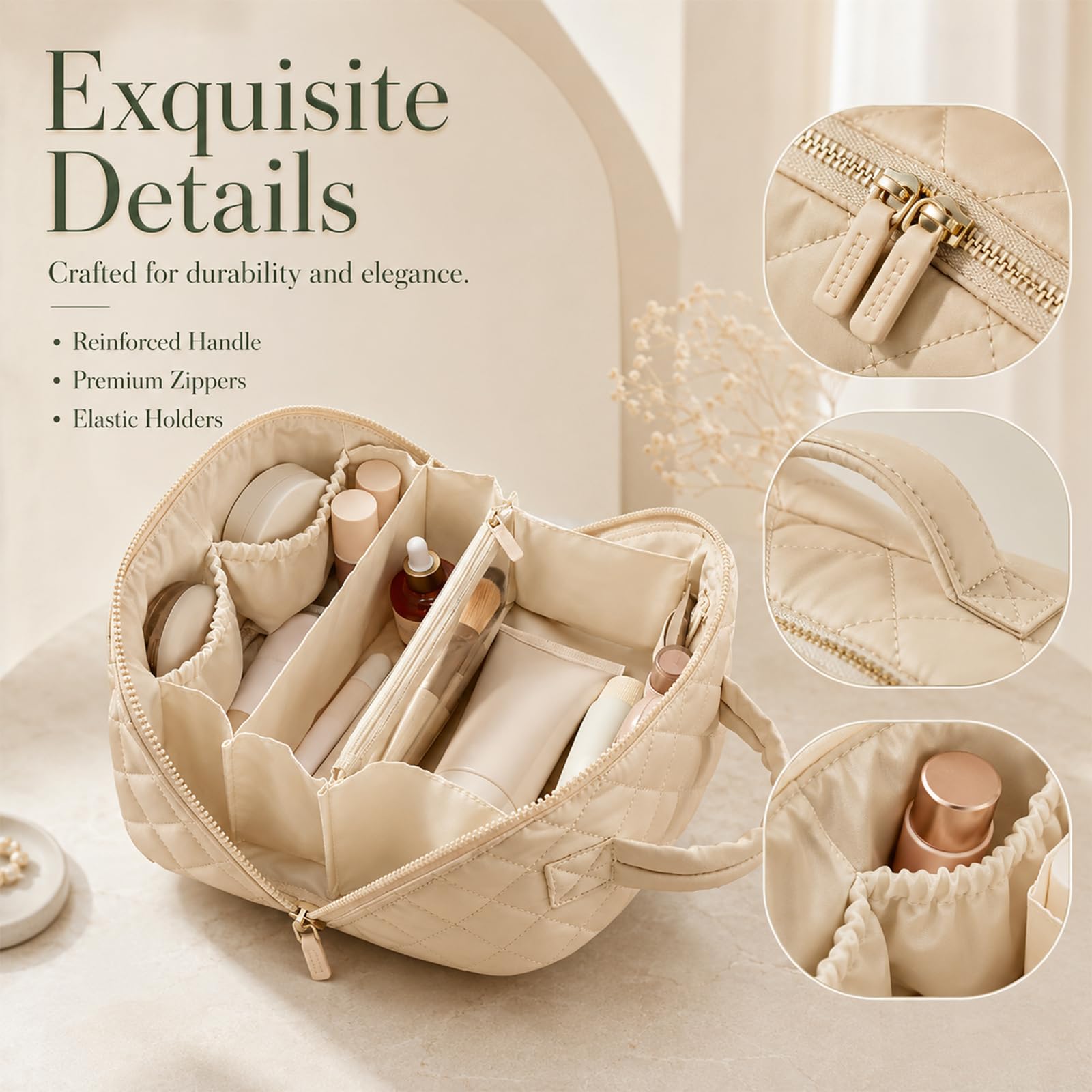 2 Pezzi Borsa Cosmetici, necessaire Donna (Crema) | Borsa cosmetici donna, borsa da toilette con apertura a 180°, leggera e morbida, grandi scomparti, lavabile per viaggio