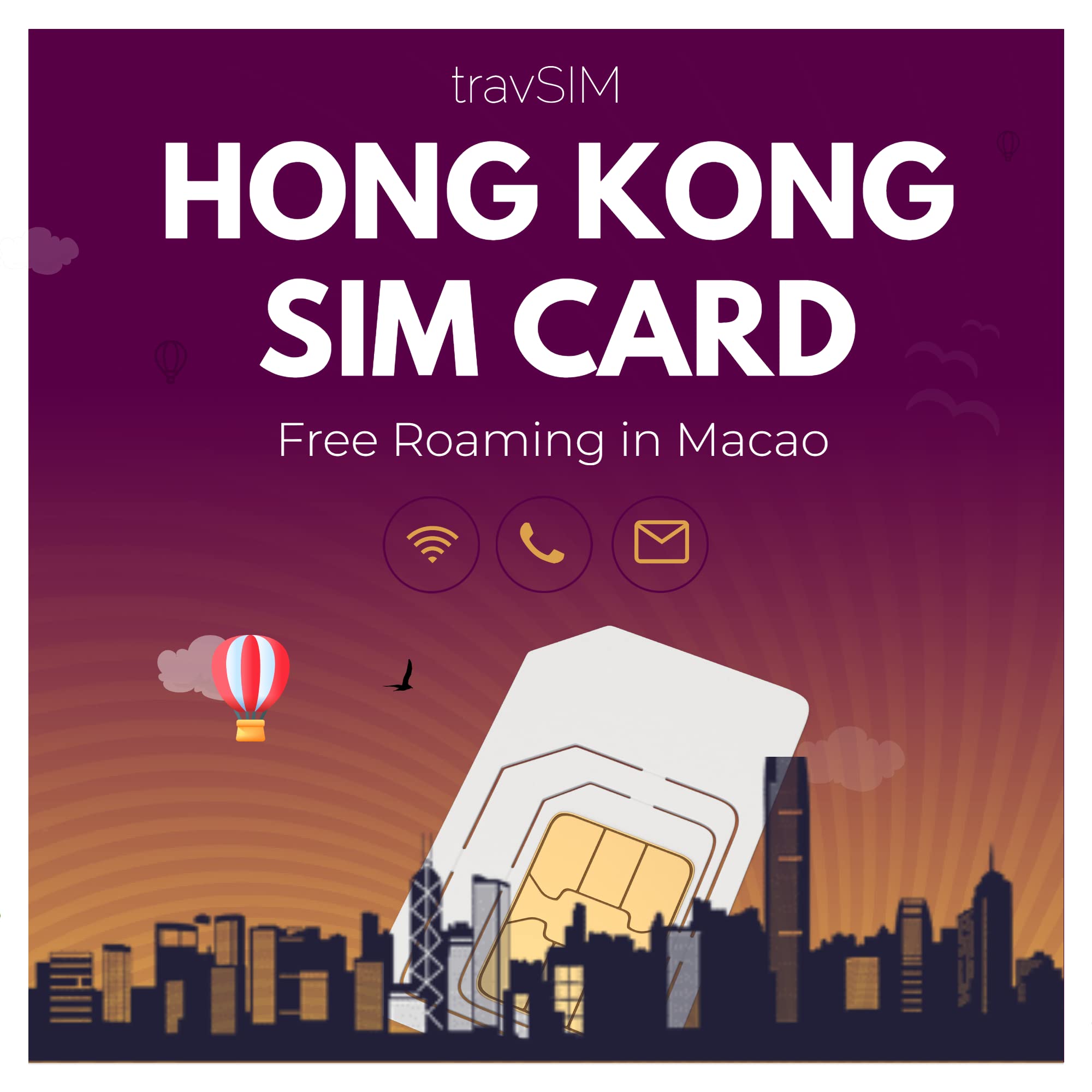 travSIM - Karta SIM Hong Kong | 10 GB danych mobilnych z prędkością 4G/5G | Bezpłatny roaming w Makau | Działa na urządzeniach z systemem iOS i Android | Plan na karcie Hong Kong jest ważny przez 30 dni