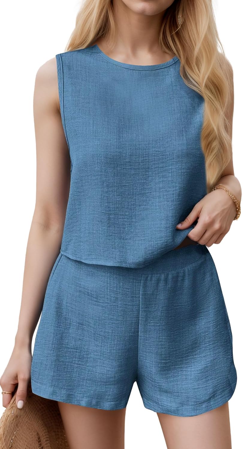 FEOYA Two Piece Sets for Women Crewneck Crop Tank Tops and Shorts Matching Sets Casual Lounge Set Summer Vacation Outfits