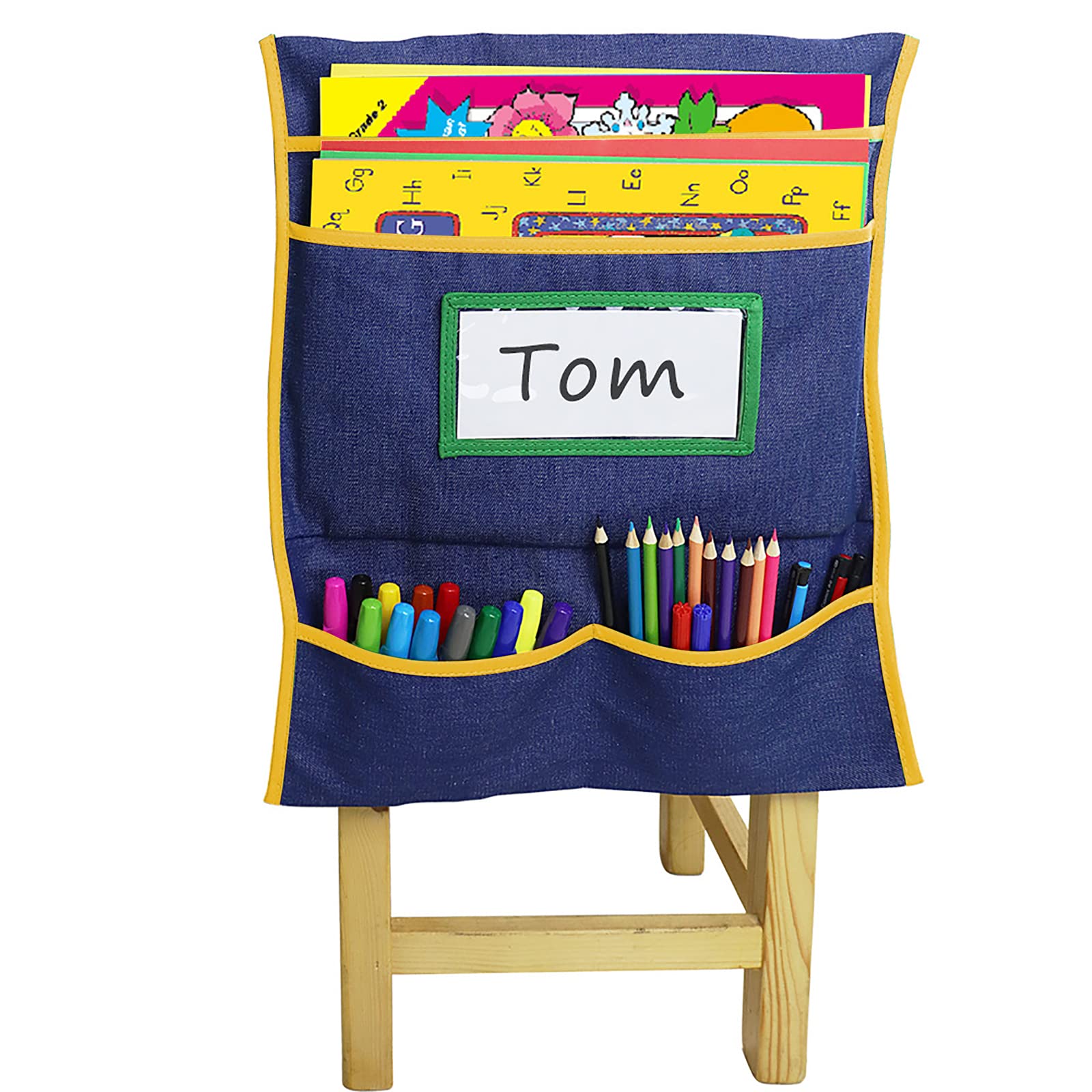 IPENNY School Classroom Chair Pocket Organizer with Name Tag Slot Chair Back Buddy Pocket Chart Washable Canvas Seat Storage Pocket for Home School Daycare (#2-Yellow) — image 1