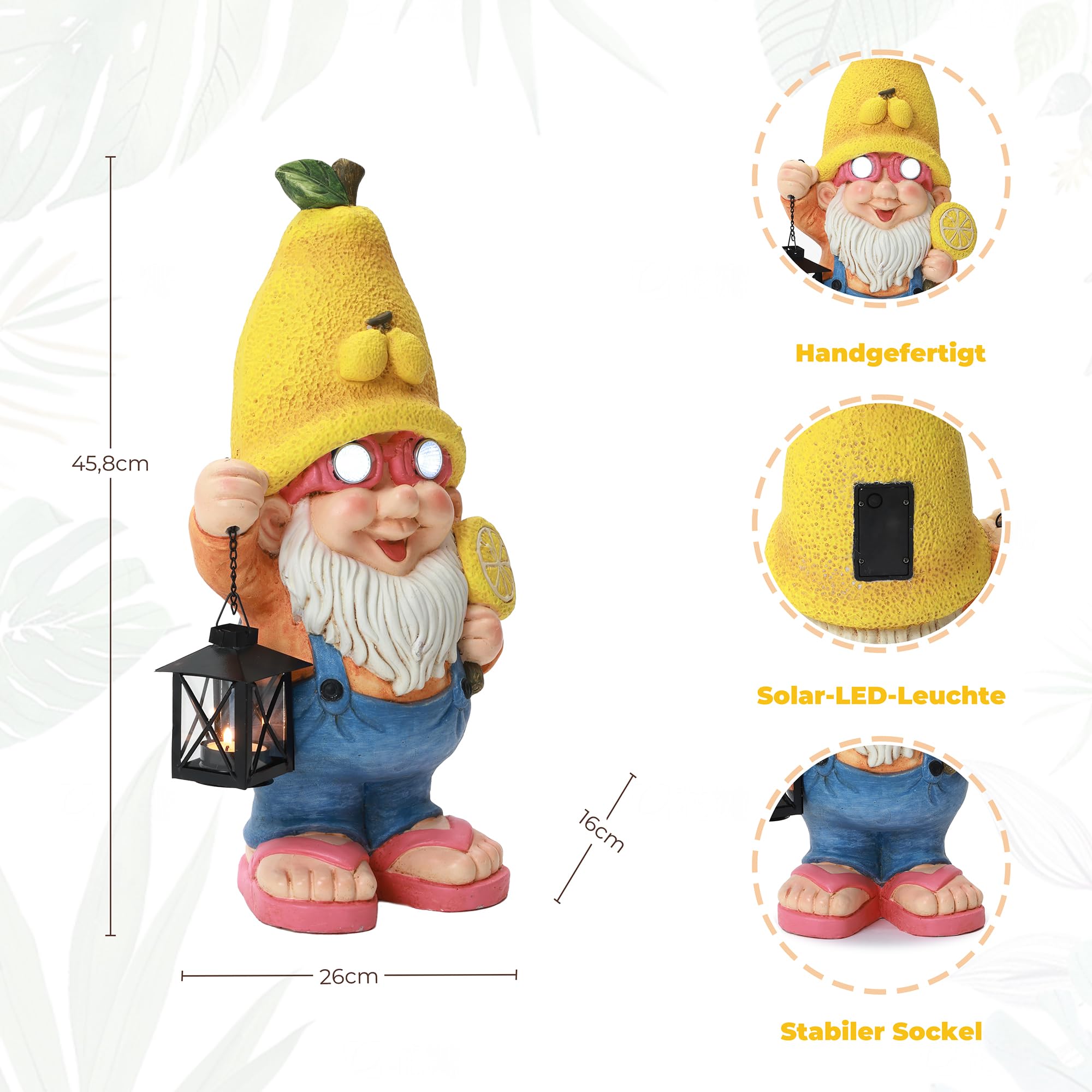 Hometopia 46cm Solar LED Zitronen-Wichtel Leuchtende Augen Gartenfigur Lustige Gartenstatue mit Beleuchtung –Wetterfeste Dekofigur Ideales Muttertagsgeschenk für Mama Oma Für Garten, Terrasse & Balkon