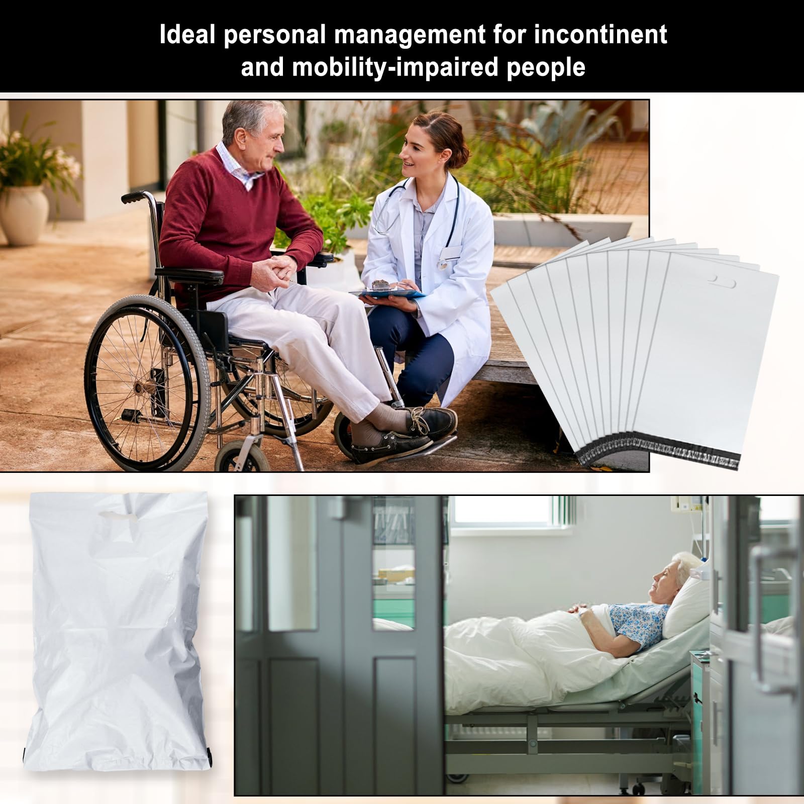 Paquete de 100 bolsas de plástico para eliminación de pañales de adultos, tiras autoadhesivas para sellar olores, adecuadas para el cuidado de pañales de ancianos en casa y para viajes (blanco)