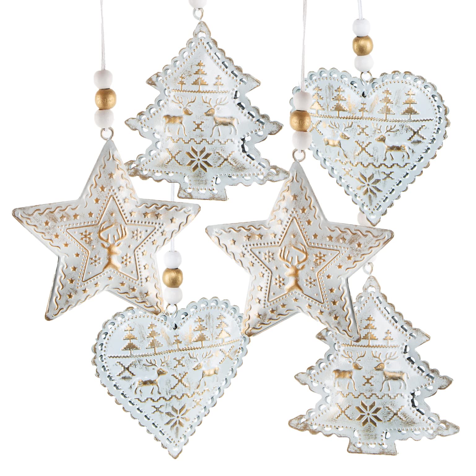 Logbuch-Verlag Pack de 6 Adornos de Navidad Colgantes de Metal Blanco y Dorado 8,5 cm - Colgantes navideños guirnaldas Decorativas