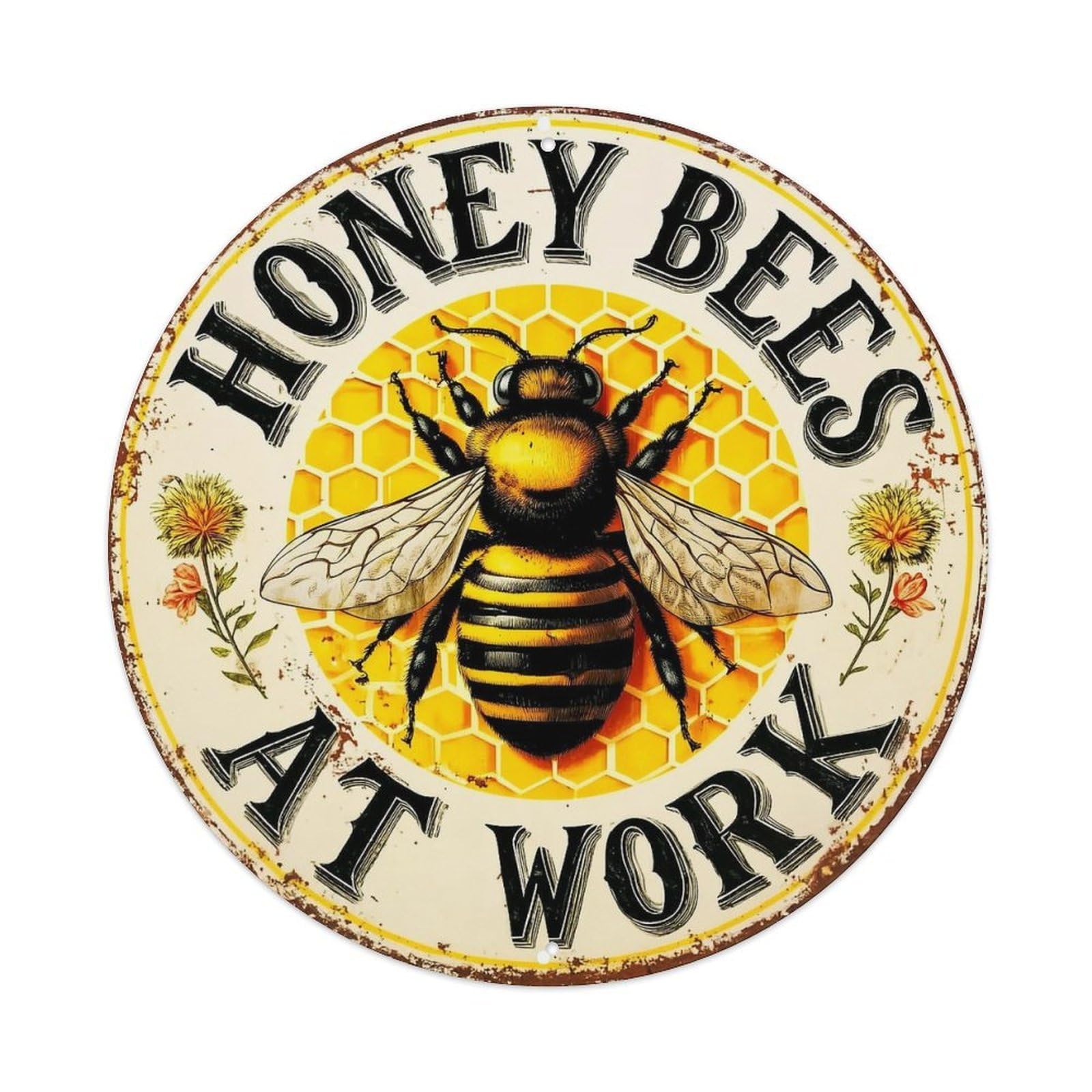 Honey Bee Honeycomb Floral Design Round Tin Sign Vintage Metal Sign Home Bar Garden Indoor & Outdoor Wall Decor Retro Metal Poster 8x8 Inch