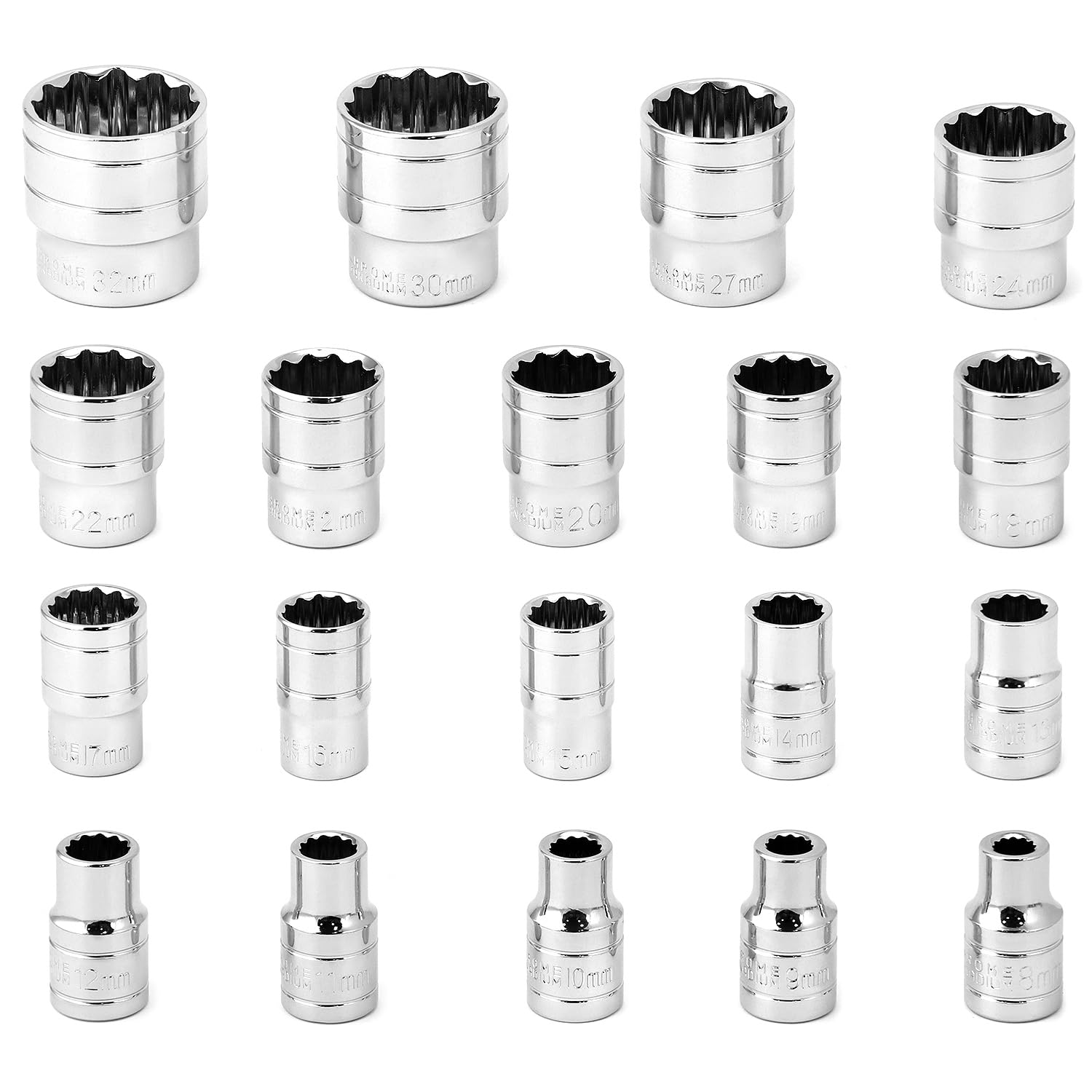 QWORK® 19 Piezas Llaves de Vaso, Llaves de Vaso Multidiente 1/2", 8-32 mm 12 Caras Juego Vasos