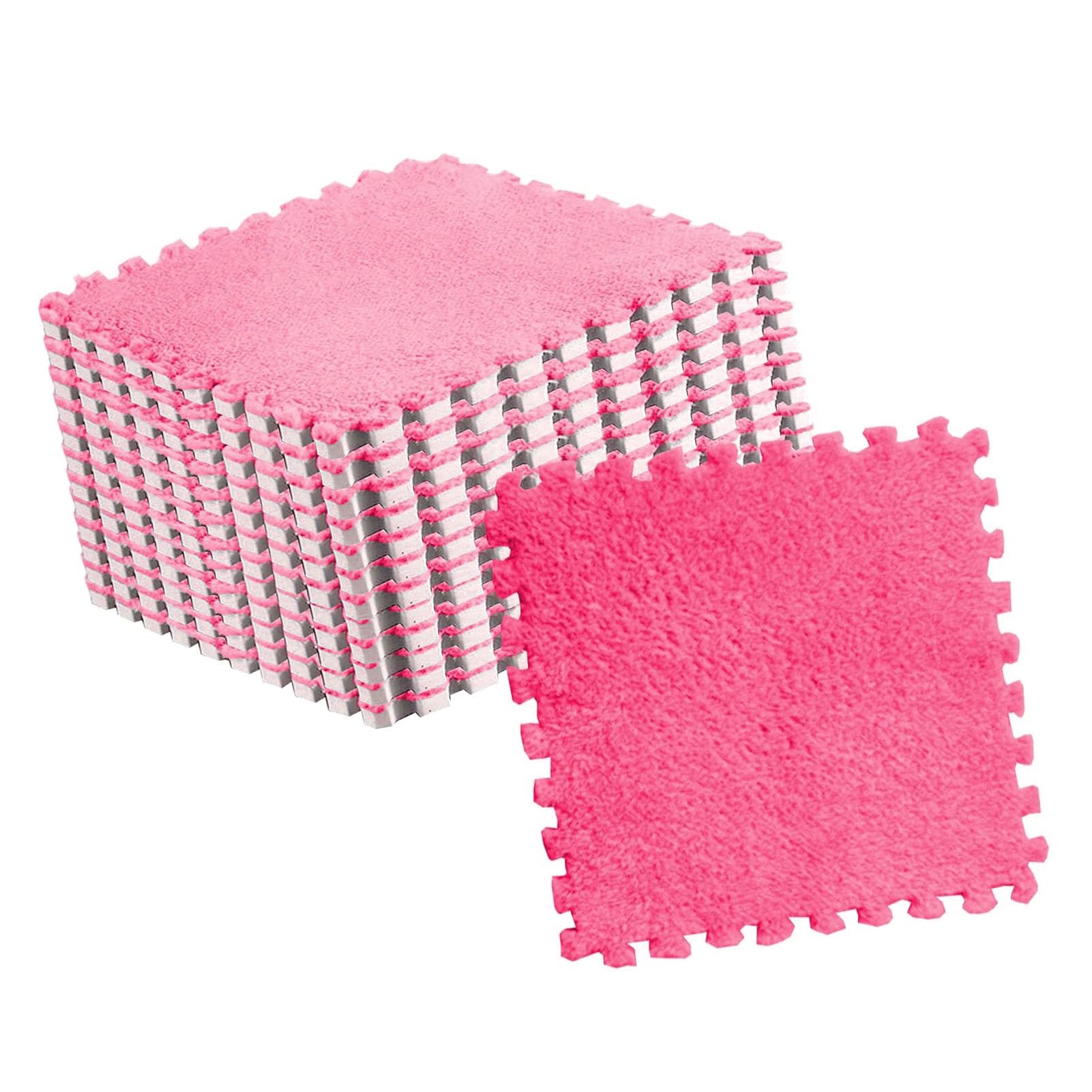 Qudinip Plush Puzzle Floor Foam Mat Tiles, 10pcs Interlocking Foam Tiles Plush Carpet Tiles Soft Non Slip Cuttable for Kids Room with Easy Wash Mosaic Design (Rose Red)