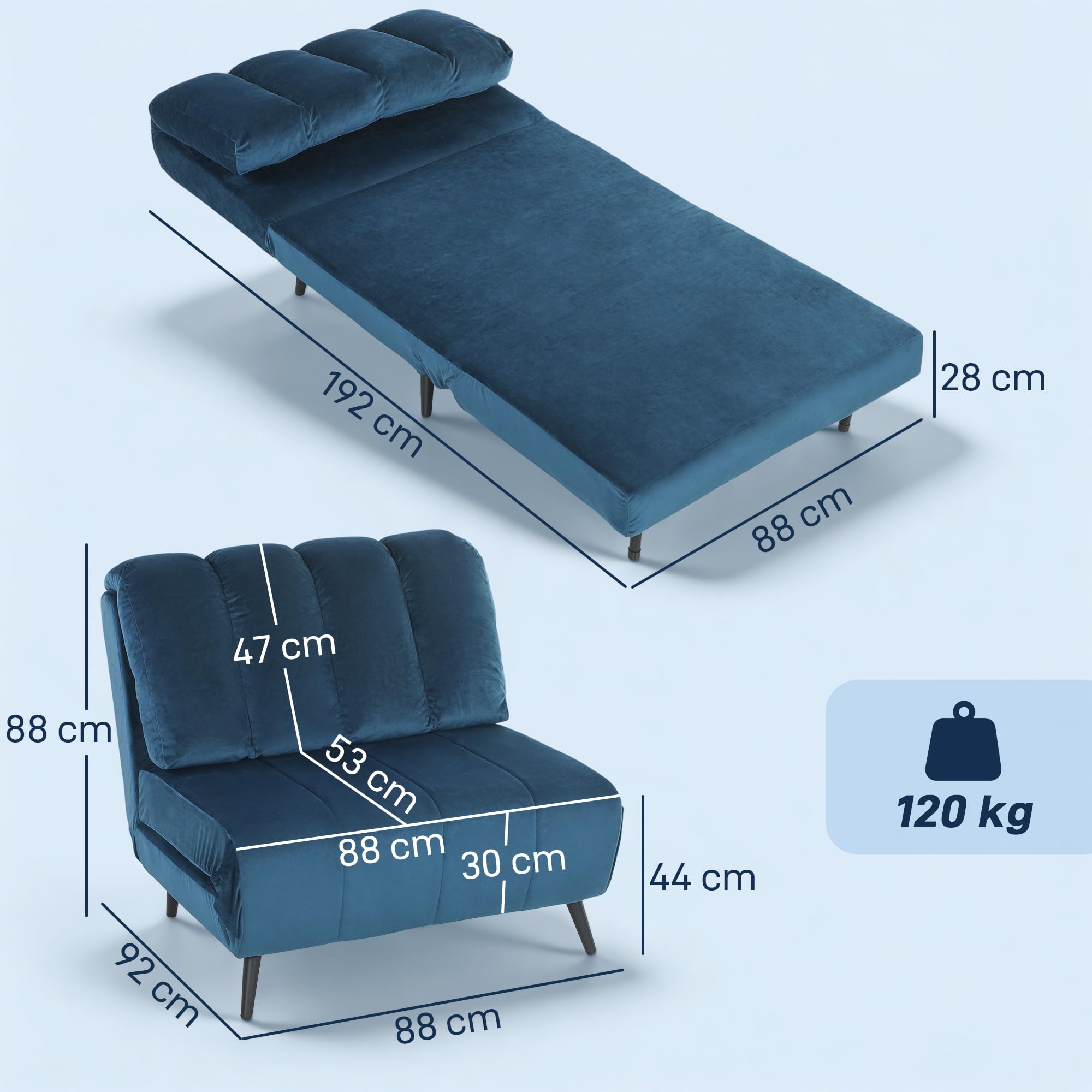 HOMCOM Poltrona Letto Singolo 3 in 1 Pieghevole Trasformabile, Schienale Regolabile 3 Posizioni, Cuscino Spesso, Divano Letto in Velluto, Soggiorno, Camera da Letto, Facile Montaggio, 88x92x88cm, Blu