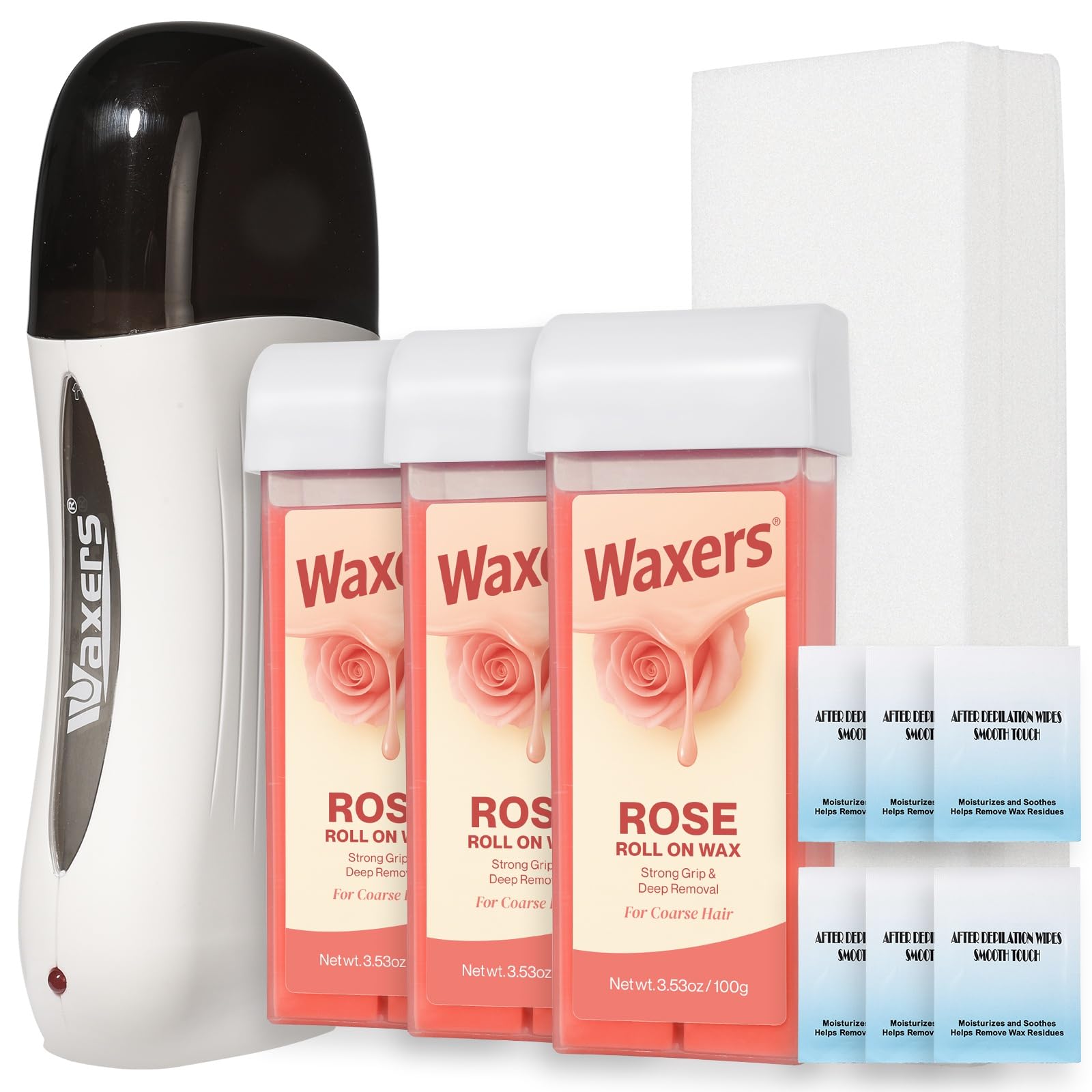 Roll on Wax Kit for Coarse & Thick Hair Removal Waxing Kit for Women & Men Professional Rose Soft Wax Roller Cartridge with Warmer & Strips 3.53 Ounce (Pack of 3) Rose