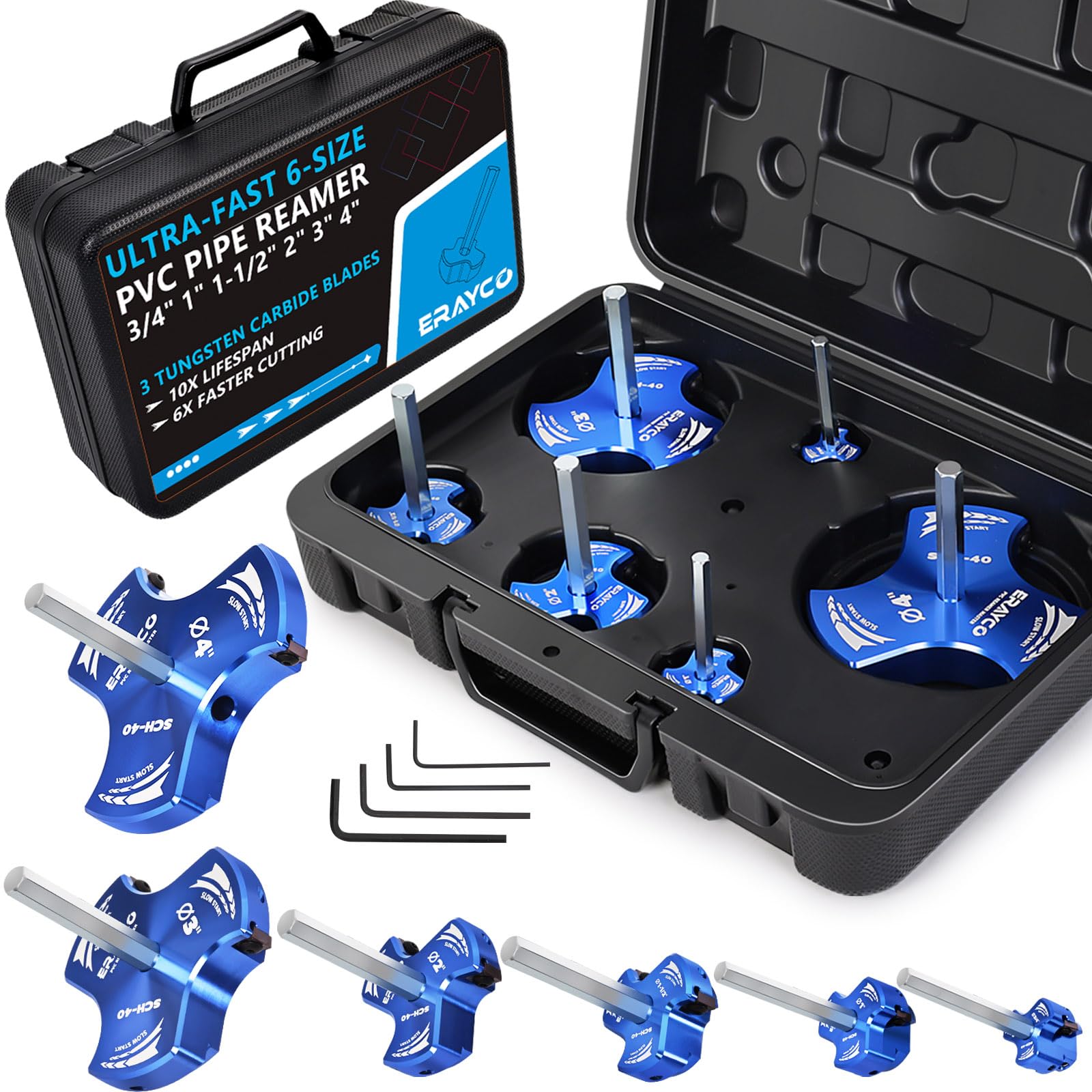 Photo 1 of ERAYCO Triple Blade PVC Pipe Reamer Kit, Plastic Pipe Fitting Reamer Tool for Plumbing, 3 Blades PVC Fitting Saver for SCH40, ABS, CPVC Pipe, 6 PCS (3/4", 1", 1-1/2", 2", 3", 4")