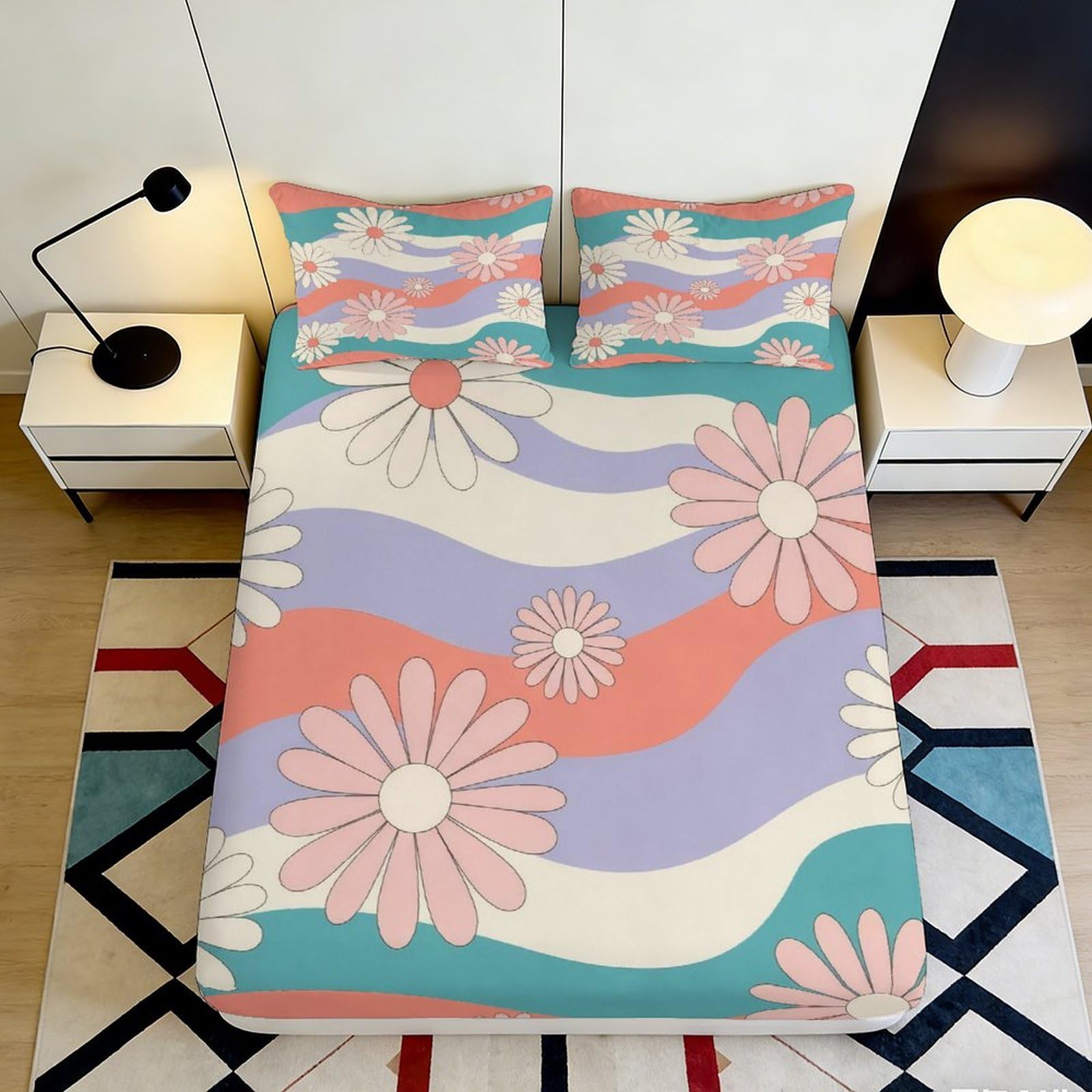 3D Printed Floral Wave Fitted Sheet Microfiber Soft Pastel Daisy Bed Cover for Bedroom Dorm Mattress Protection Decor 90x200x25cm