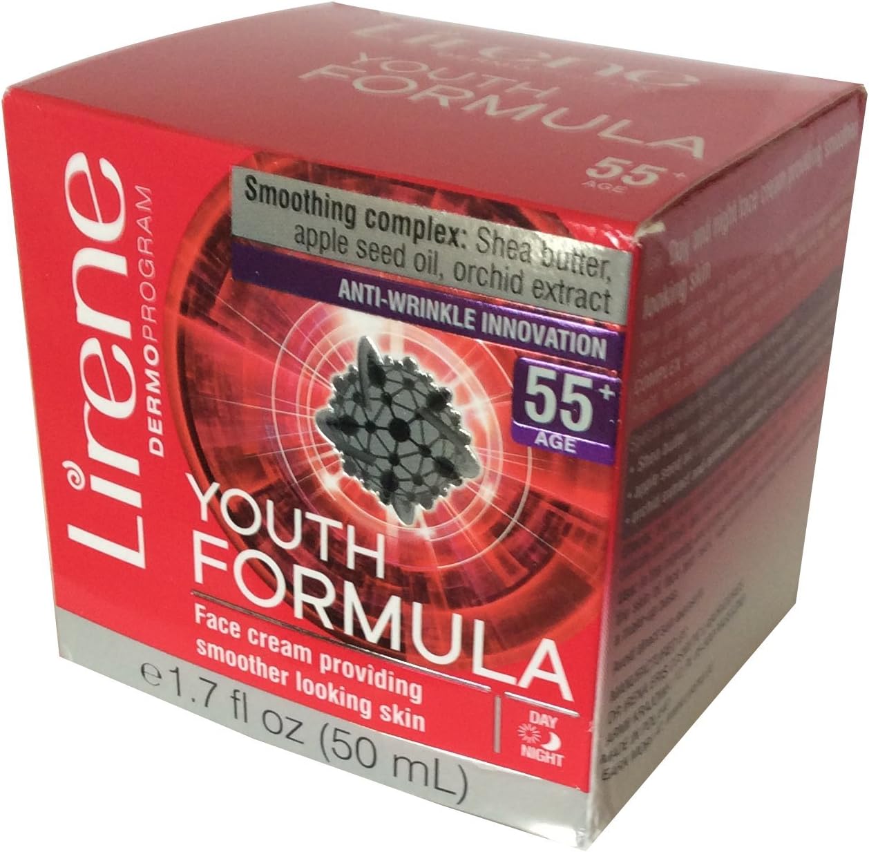 Youth Formula Anti-winkle innovation Age 55+ Day and Night cream. Smoothing complex: Shea butter, Apple seed oil, Orchid extract. 1.7 fl oz.