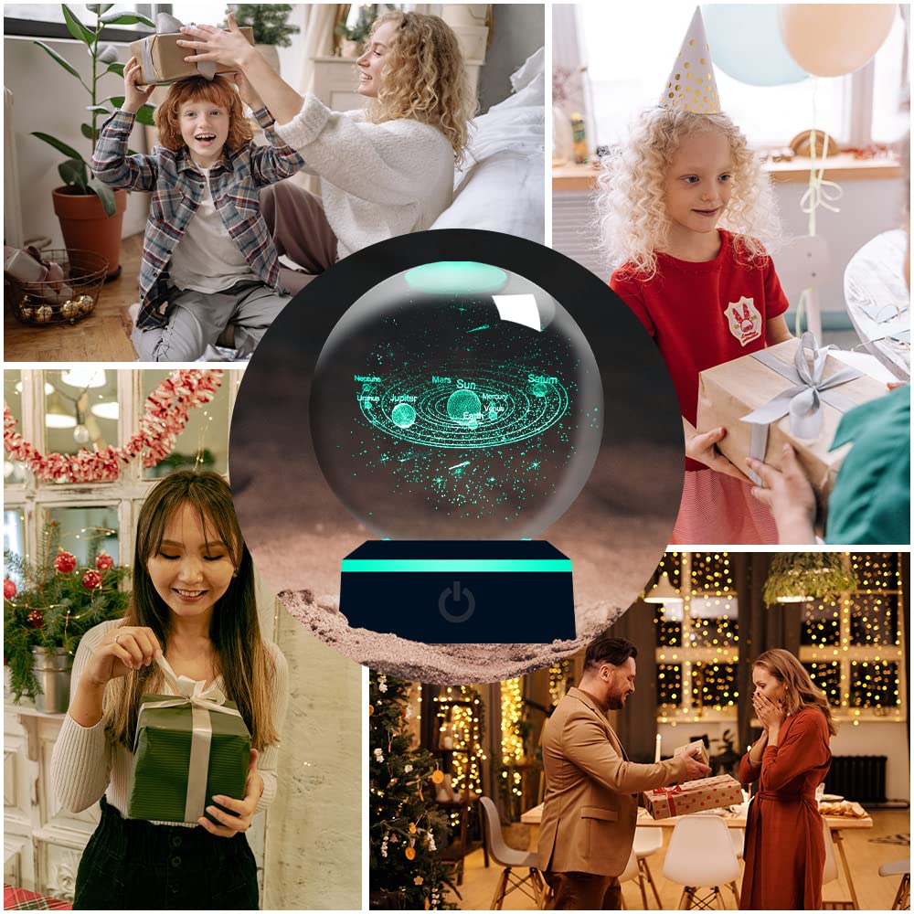 Sfera Cristallo 3D Sistema Solare Con LED – Luce Notturna Touch Colorata – Base Argento – Regalo Bambini