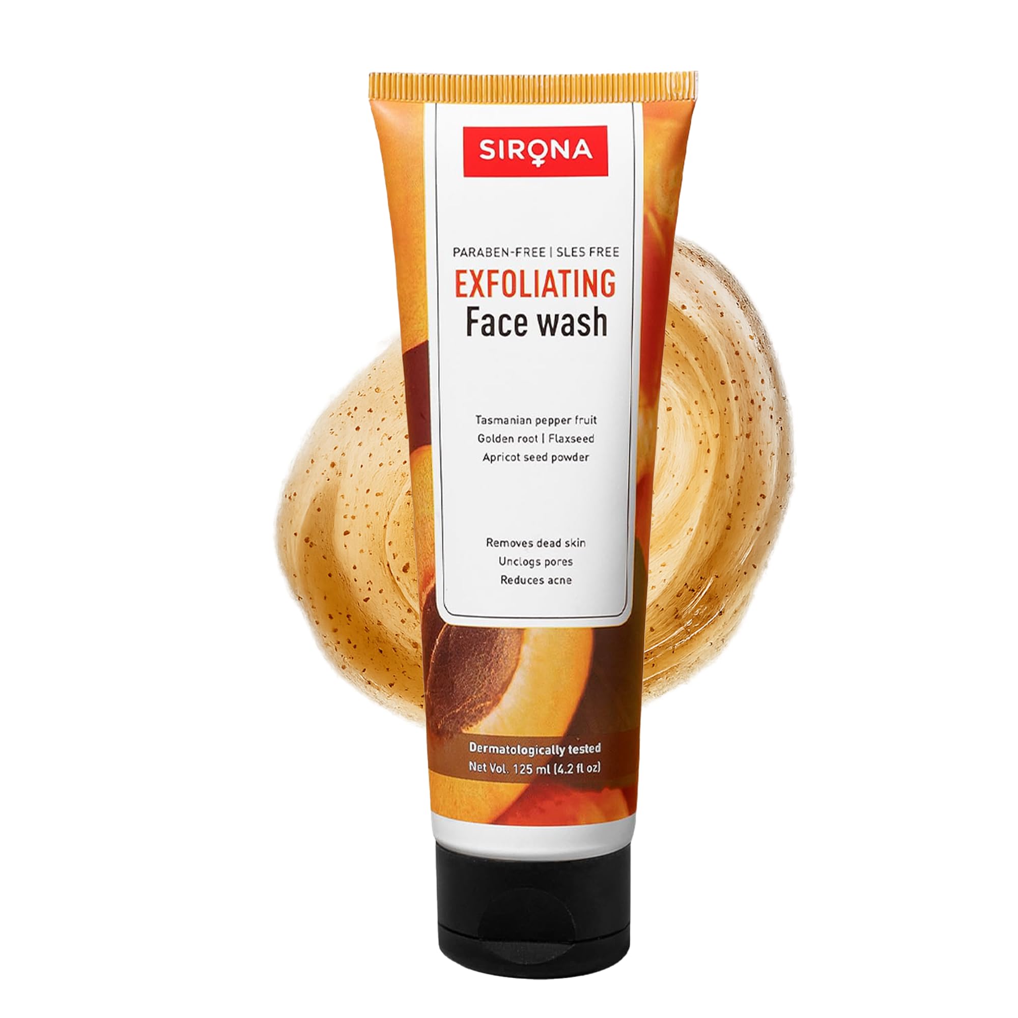 Sirona natural exfoliating face wash facial cleanser - 4.2 fl oz with apricot, flax-seed extracts & mint oil, contains no chemical actives- helps in blemishes, fights acne, non-drying (pack of 1)