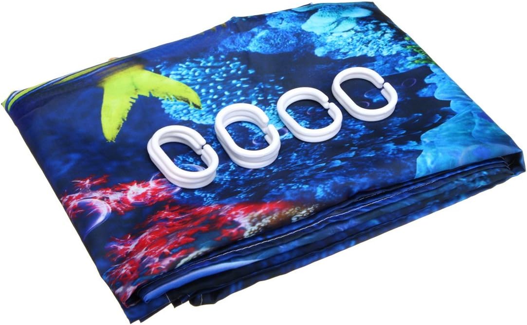 Polyester PVC Blue Ocean Shower Curtain Lid Toilet Cover Bath Mat Rug with Hooks Bathroom Accessory Sets 180x180cm (Original Seller-dDankeforU)