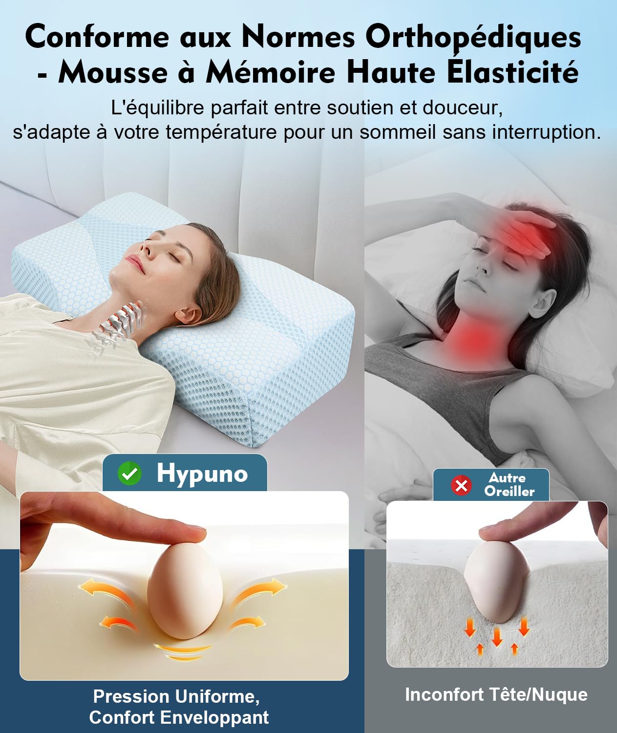 Oreiller Cervical Ergonomique Orthopédique Mémoire de Forme – Douleurs Cervicales & Nuque Sensible – Bi-Hauteur Intégrée – Côté/Dos/Ventre – Housse Rafraîchissante Amovible & Lavable, Bleu