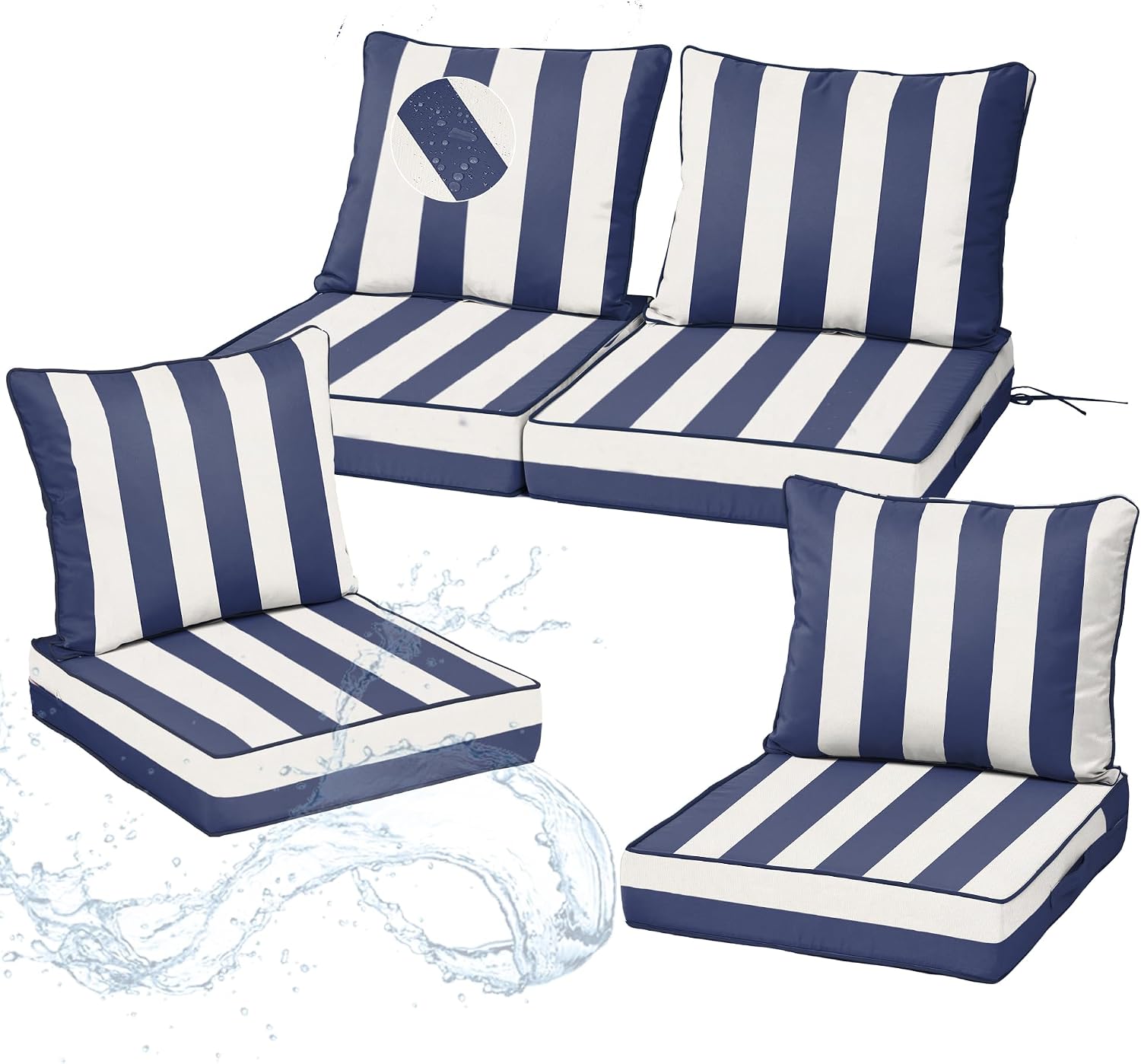 19X19X4 inch Outdoor Chair Cushions, Waterproof and Fade-Resistant Patio Cushions, UV Resistant Outdoor Seat Cushions for Patio Furniture with Adjustable Straps,Blue and White Stripes