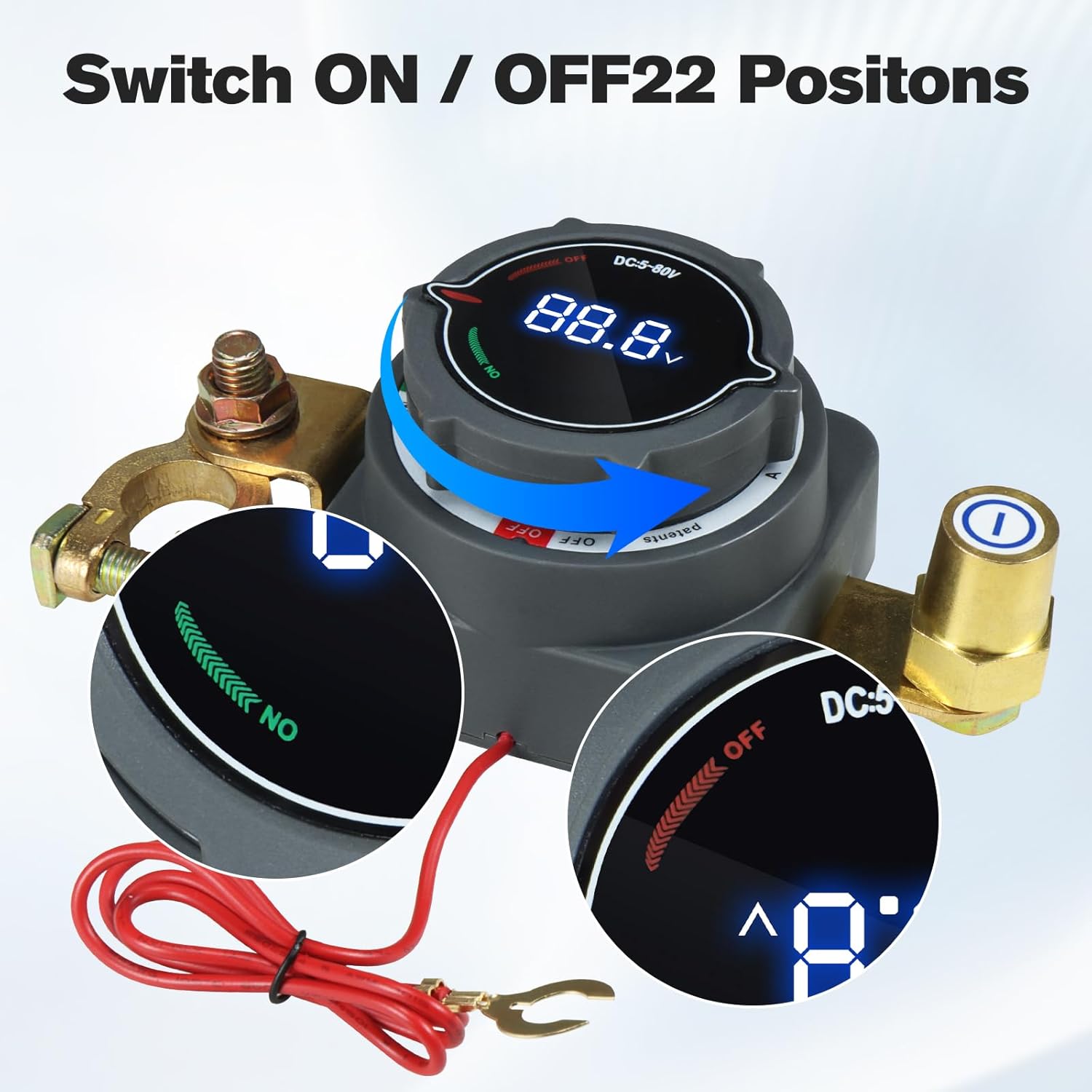 Battery Disconnect Switch with Voltmeter, DC 5-60V Master Isolator Cut/Shut Off Switch for RV Camper Trailer Car Truck Marine Boat(On/Off Kit)