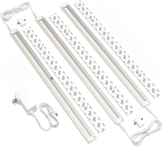 EShine Hand Wave Activated Under Cabinet LED Lighting Kit, Dimmable, 3-Pack 20 in - Touchless Dimming Control, White Under Counter Lights for Kitchen, Garage, Office, Shelf - Warm White (3000K)