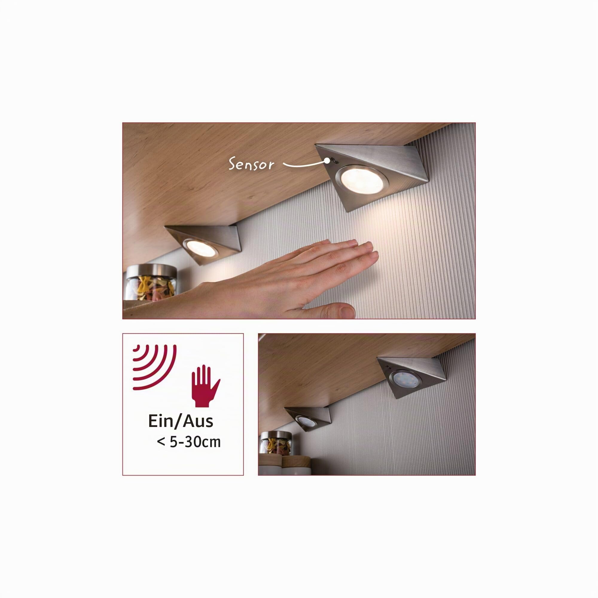 Paulmann 93572 LED Unterschrankleuchte Dreieck mit Näherungssensor eckig incl. 3x2,8 Watt Schrankleuchte Eisen gebürstet Schranklicht Metall, Glas