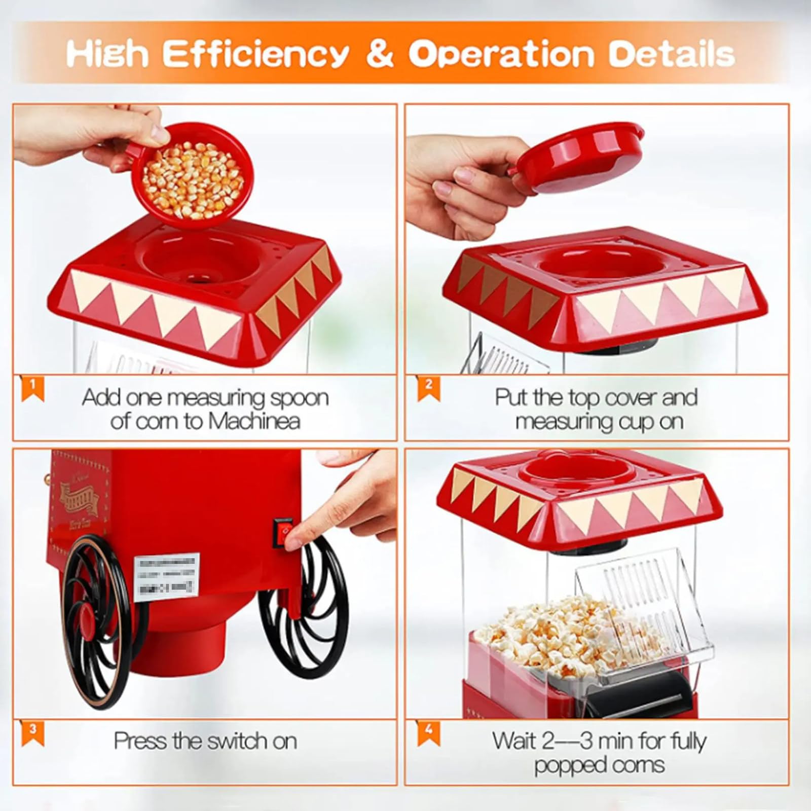 Carrello per Popcorn, Macchina per Popcorn ad Aria Calda, Macchina per Popcorn elettrica retrò, Snack sani e veloci per riunioni di Famiglia, Vacanze e Serate di Cinema