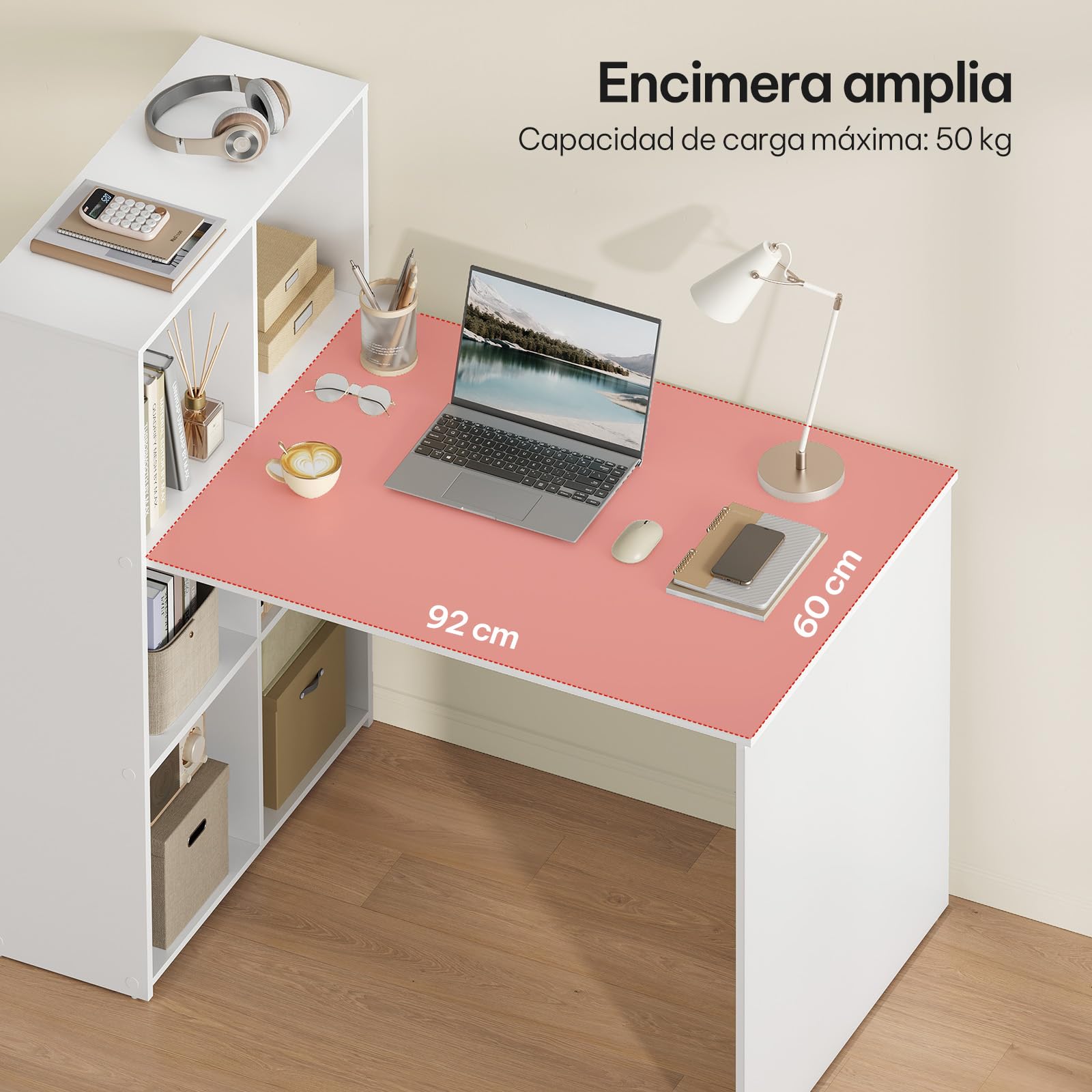 eSituro Escritorio Oficina con Estanterías 120x63x111 cm, 6 Estantes Almacenamiento Estable, Mesa PC para Estudio Dormitorio, Blanco