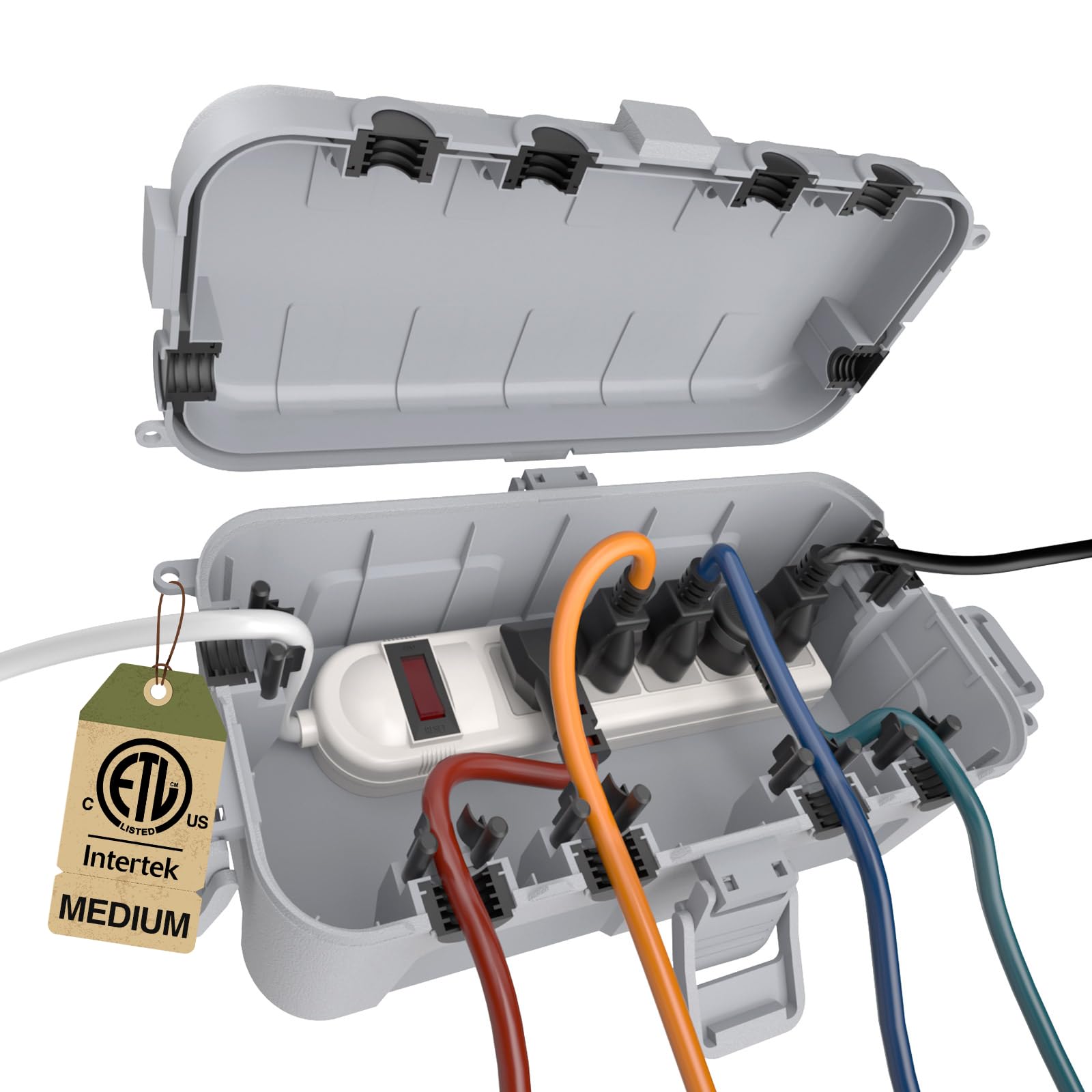 Flemoon Medium Outdoor Electrical Box, ETL Certified IP54 Waterproof Extension Cord Cover w/6 Cable Entry Ports, Weatherproof Connection Box for Power Strip, Timer, Plug, Holiday Lights, Black — Amazon image 14