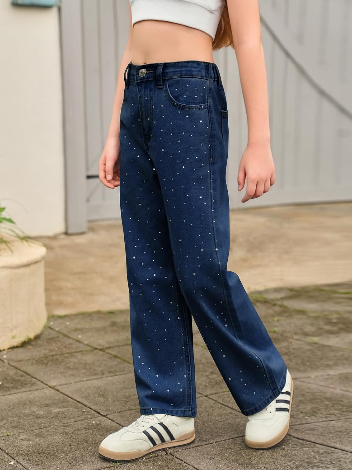 Haloumoning Girls Wide Leg Rhinestone Jeans Kids Baggy Elastic Waisted Denim Pants with Pockets 5-14 Years