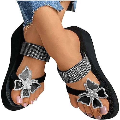 Women's Clip Toe Wedges Slippers Retro Rhinestone Butterfly Slip On Flip Flops Comfy Flat High Waterproof Platform Casual Sandals Shoes