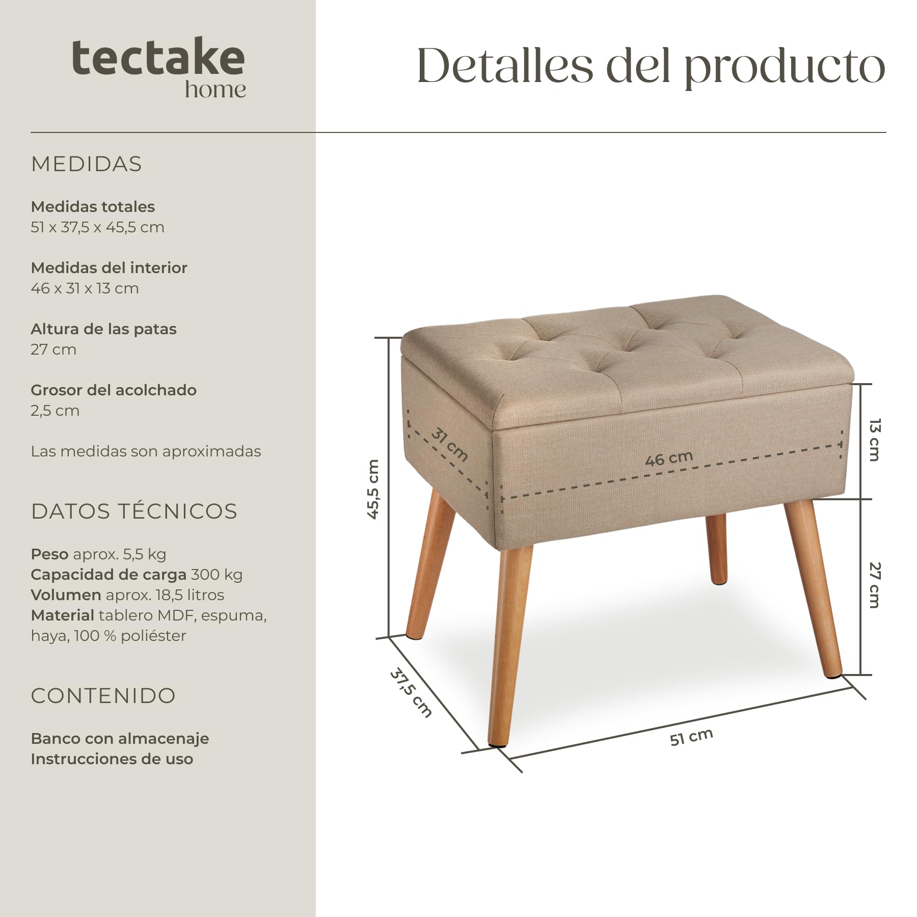 tectake® Puff Almacenaje Dormitorio con Diseño Elegante Efecto Lino, Banco con Almacenaje Práctico, perfecto Taburete Tocador, Puff Reposapies o Banqueta Dormitorio - 51 x 37,5 x 45,5 cm Arena