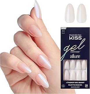 Gel Fantasy Allure Press On Nails Almond Shape, 'Space', Pink, Medium Length, Ready to Wear, Pink Glue (2g), Cuticle Stick, & Mini File, 28 Count