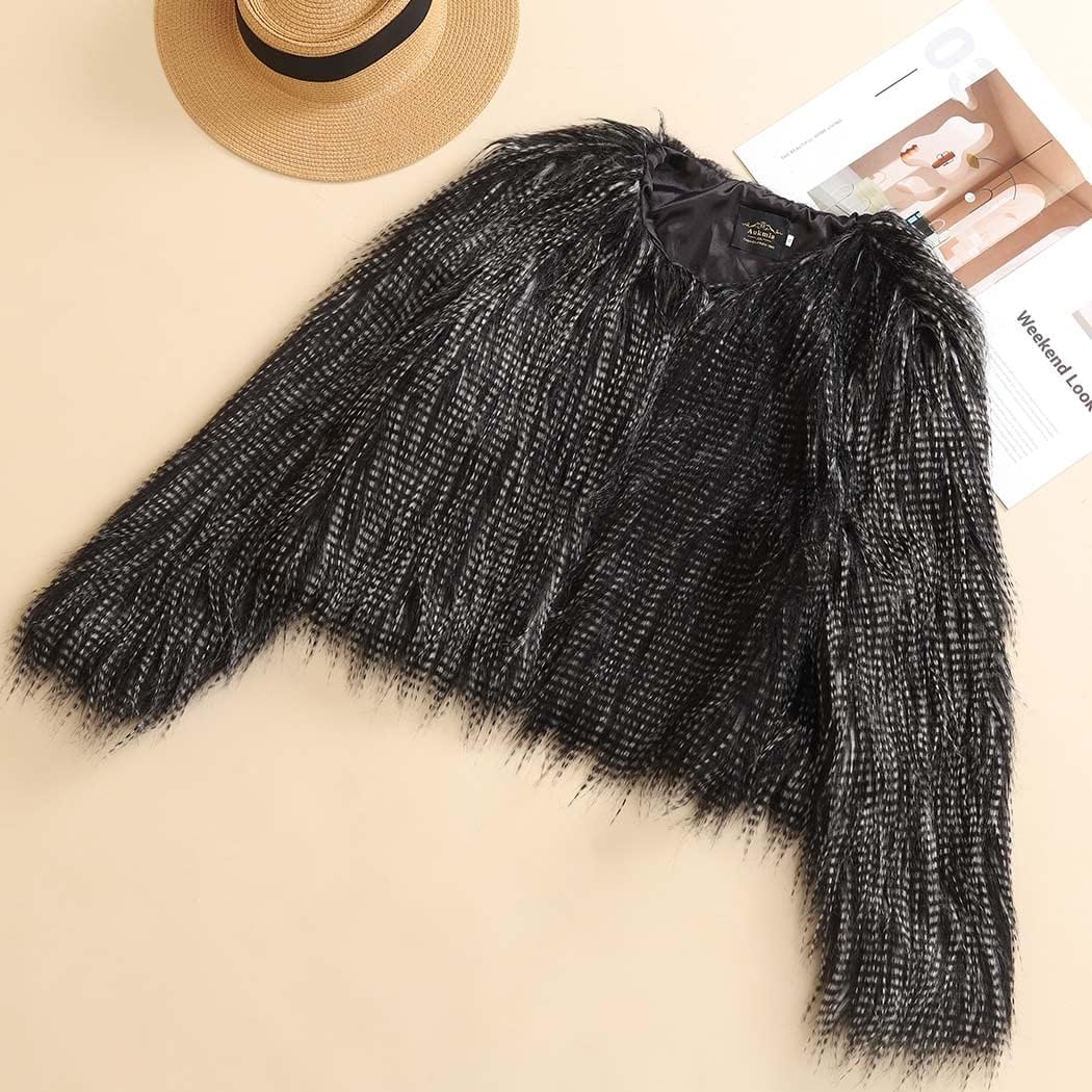 Edary Women Faux Fur Jacket Long Sleeve Coat Short Open Front Fur Coat Winter Warm Shaggy Faux Fur Parka for Women and Girl