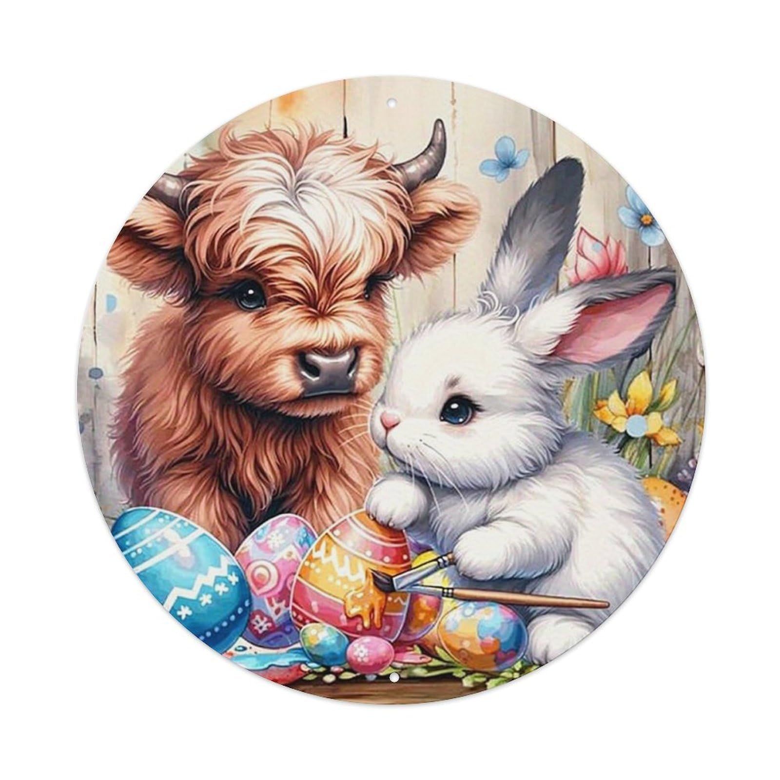 Calf And Rabbit Painting Eggs Vintage Metal Tin Sign Retro Wall Decor for Home Bar Garage Cafe, Indoor & Outdoor Decorative，circle Metal Poster, 8x8 Inch