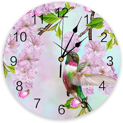 Hummingbird - Reloj de pared de PVC con flores rosadas, silencioso, sin tictac, funciona con pilas, reloj redondo para el hogar, sala de estar,