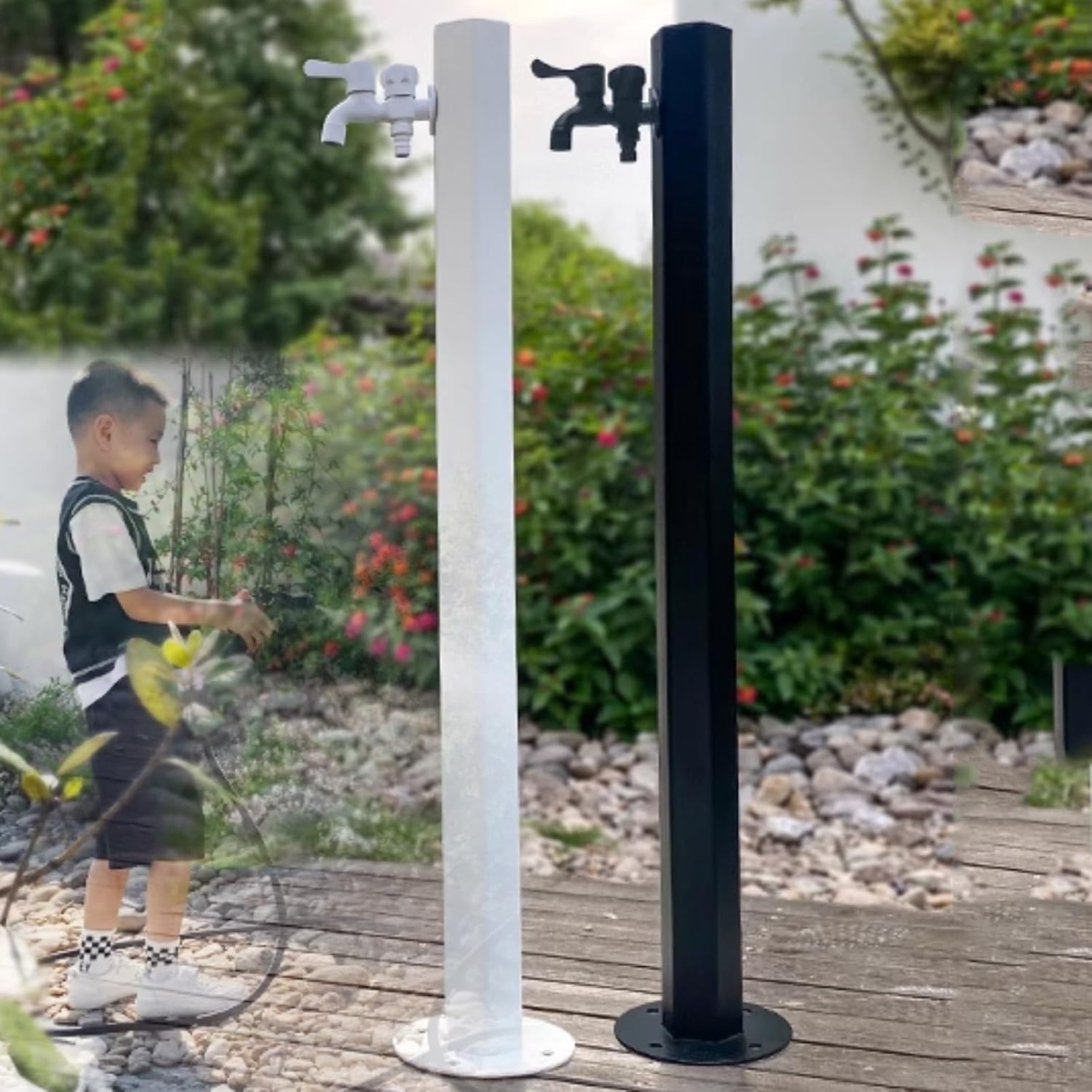 304 Stainless Steel Vertical Garden Water Column, Freestanding Garden Water Column, Garden Hose Stand with Full Copper Faucet, Outdoor Column Faucet, for Irrigation(Black-8x10cm/3.2)