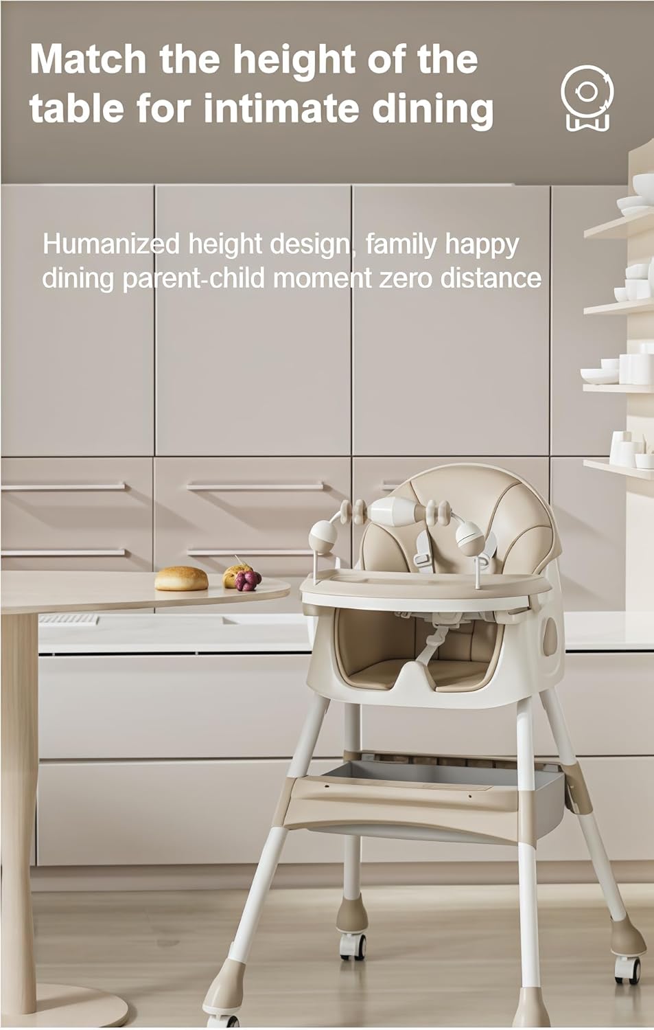 PU Leather Baby High Chair with Rocking Mode for Babies and Toddlers, Foldable Baby Eating Chair with Adjustable Backrests and Heights, Convertible Highchairs with Wheels (Khaki)