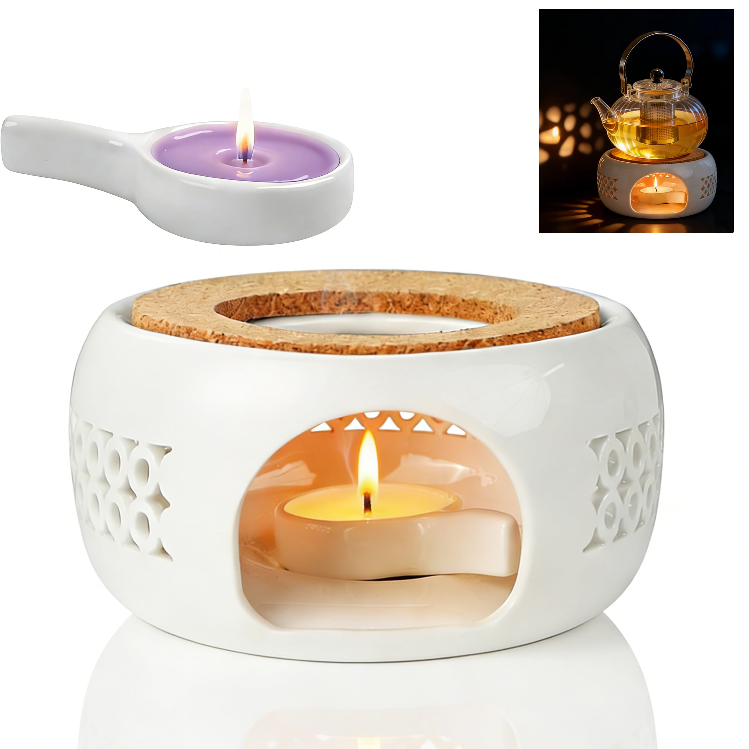 Calentador de Tetera de Porcelana Blanca, Diseño Tallado Hueco con Portavelas, Cojín de Corcho y Cuchara, Calentador de Té/Café/Leche sin Electricidad, Tamaño Universal (Diámetro 15 cm)