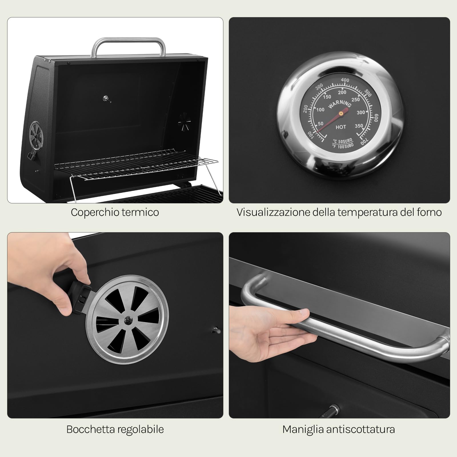 WOLTU Barbecue Portatile a Carbonella, Griglia a Carbone, Coperchio e Termometro, con Ruote e Ripiani, Carrello per Barbecue da Campeggio, Picnic e all'Aperto, 117x71x107cm, Nero