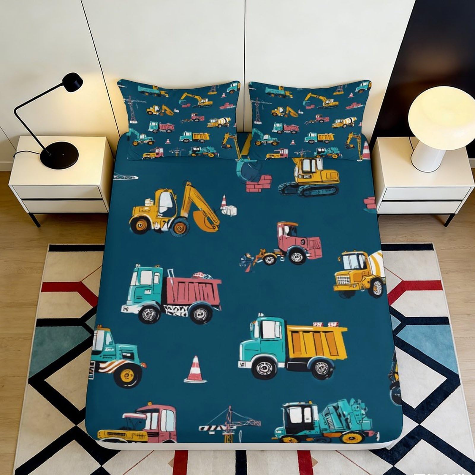 3D Printed Construction Vehicles Fitted Sheet Microfiber Anti-Slip Work Trucks Bed Sheet for Bedroom Dorm Decor 120x200cm 200x200x25cm