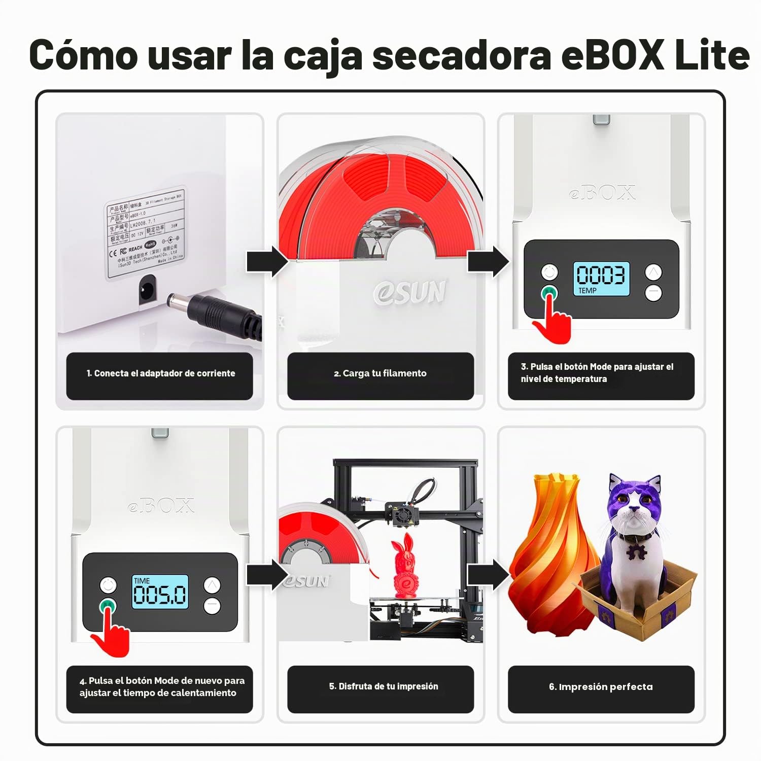 eSUN eBox Lite Actualizado Caja Secadora de Filamento para Impresora 3D, Caja Secado Almacenamiento, Mantener Filamento Seco Durante Impresión 3D, Compatible con Filamento 1.75mm, Soporte de Carrete