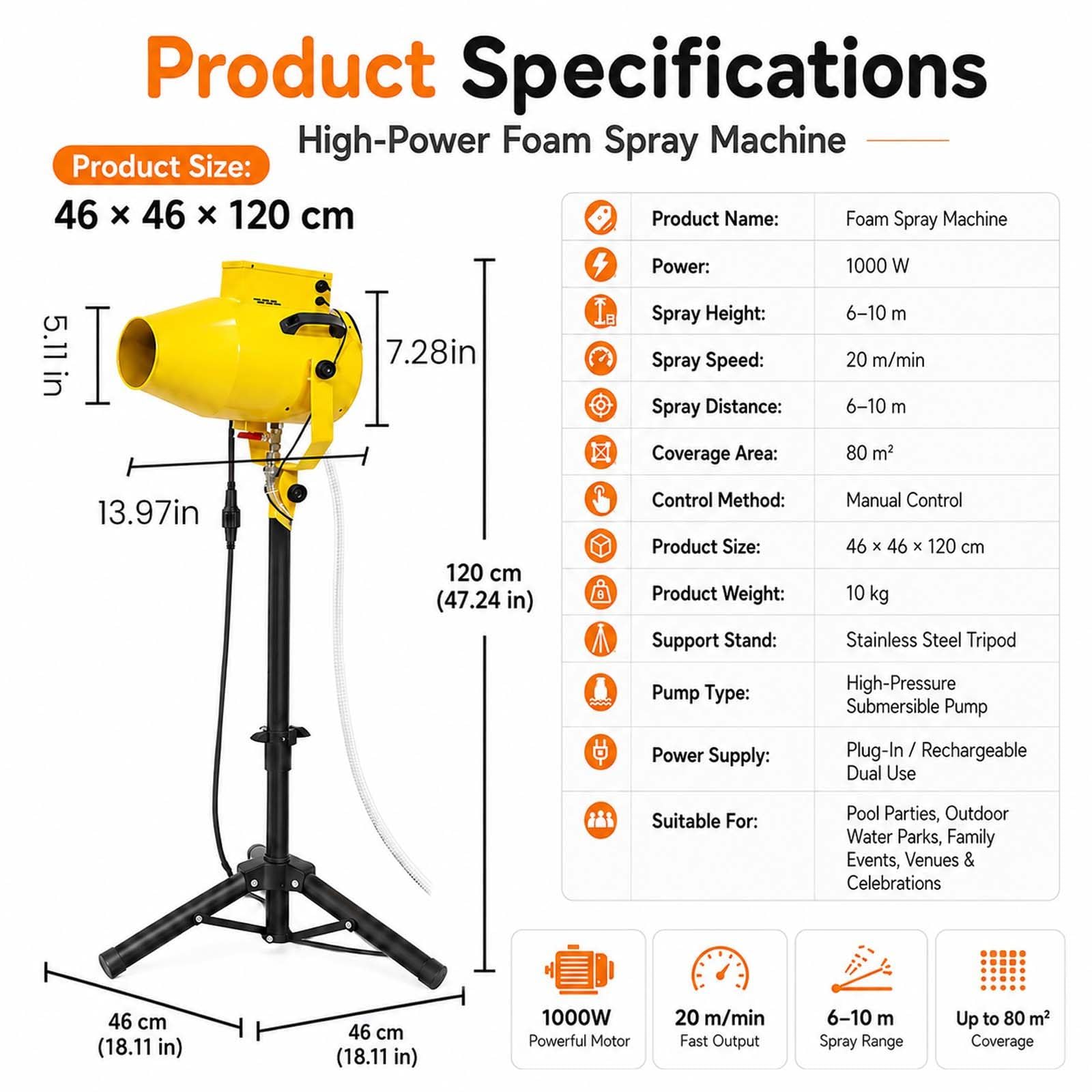 Cannone Spara-Schiuma Regolabile 1000W (10M/80M²) per Eventi All'Aperto Black | Copertura 80m²/min, velocità di getto 20m/min; include treppiede e filtro a rete. Ideale per feste in piscina