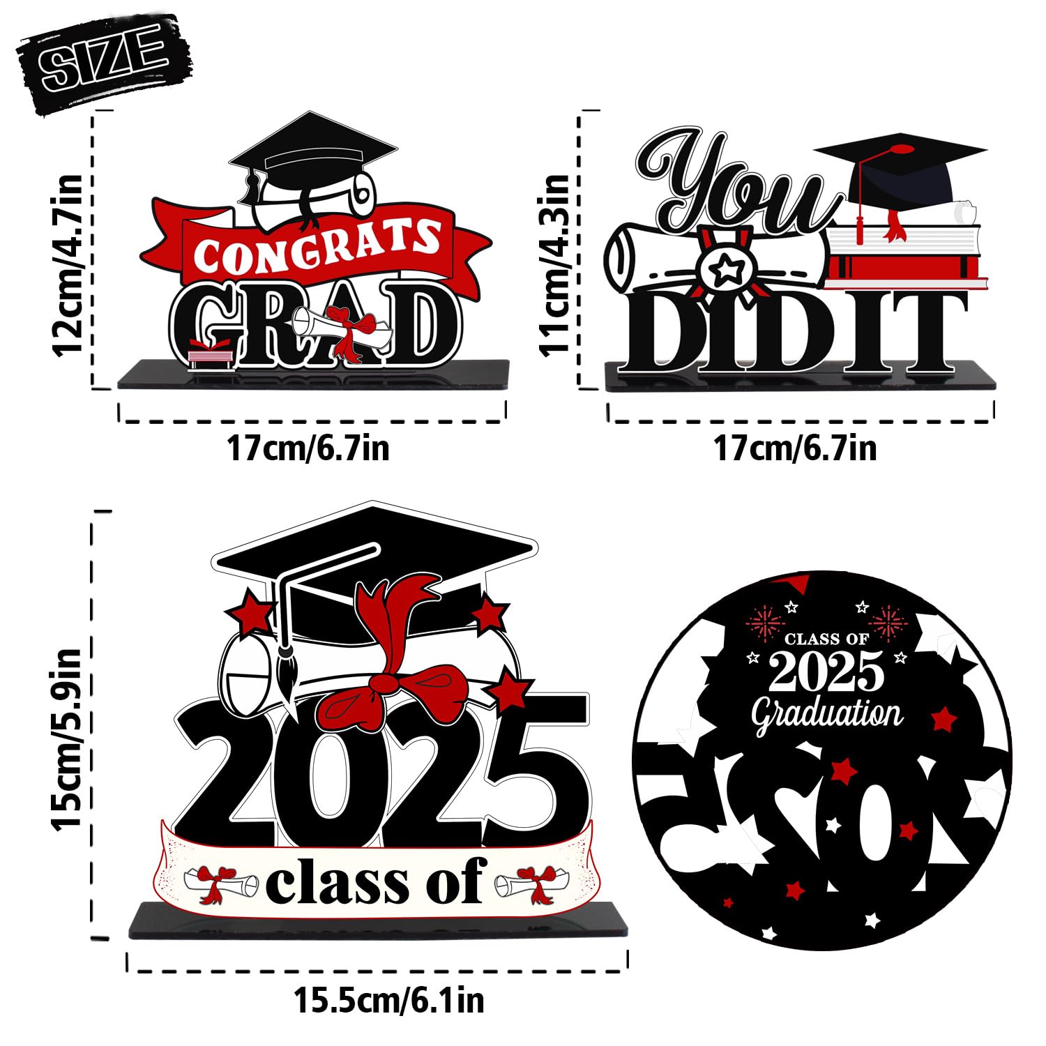 LINGTEER Class of 2025 Graduation Party Decorations - 3Pcs Congrats Grad 2025 School Graduation Acrylic Table Centerpieces Gift Stand Decorations - Red.