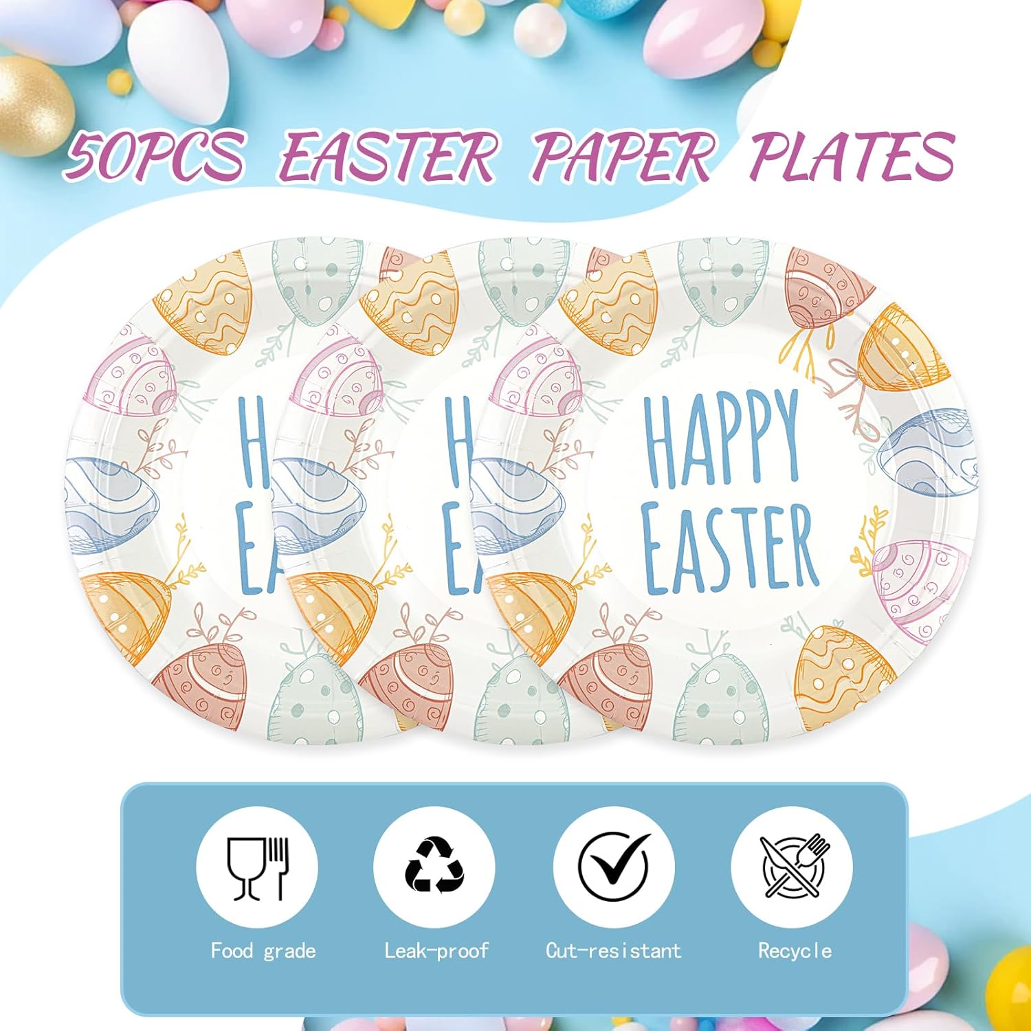 50PCS Happy Easter Paper Plates - 7Inch Eggs Themed Dessert Plates for Cake Salad Fruit Pizza,Disposable Decoration Supplies for Easter Kid’s Birthday Party