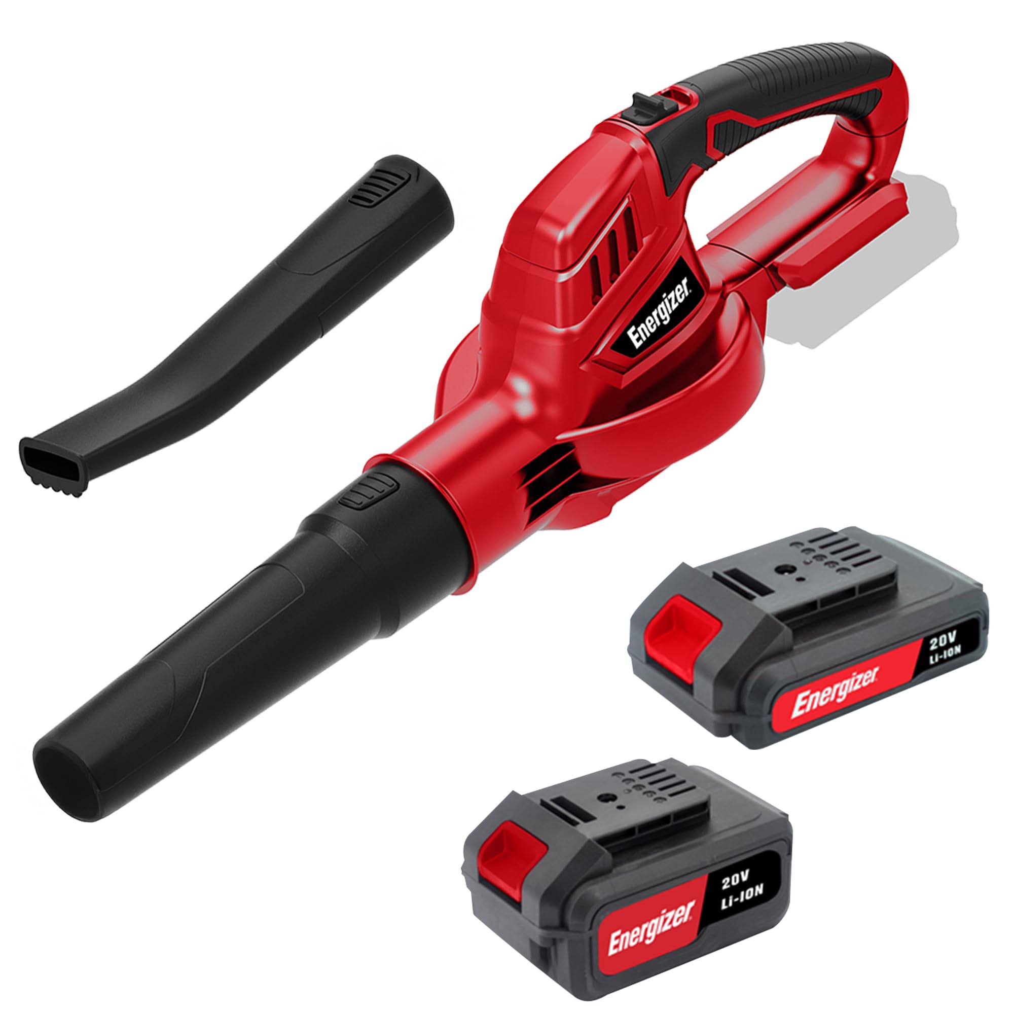 Energizer - Soplador de Hojas inalámbrico de 20 V (Pilas Incluidas) – Motor 13000 RPM – Velocidad de soplado 210 km/h – Ligero 1,2 kg – Ergonómico y Potente – para Hojas, Polvo, escombros y Otros