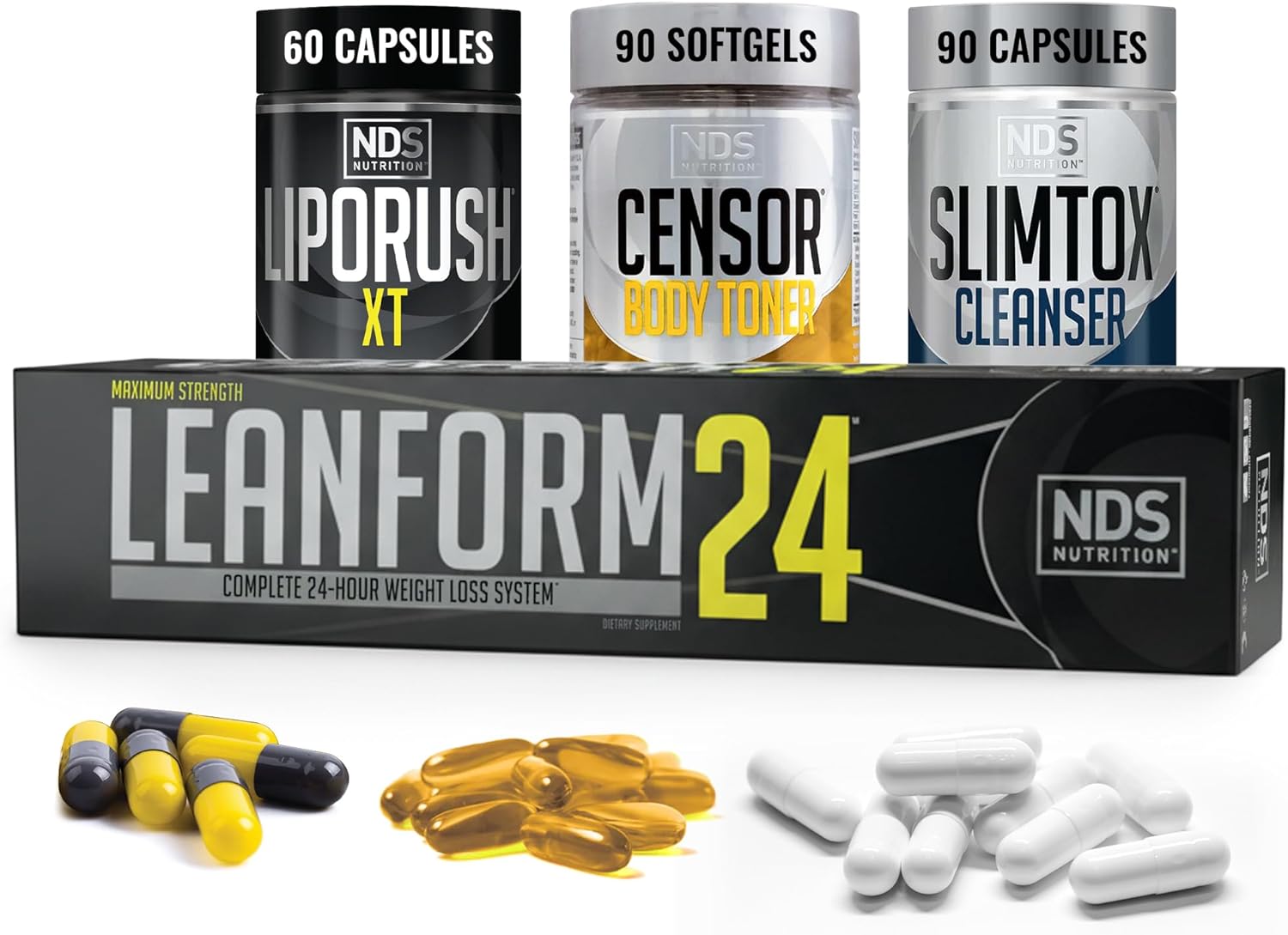 LeanForm24 NDS Nutrition Maximum Strength Weight Loss - Decrease Appetite and Energy Booster - Glutamine, L-Carnitine, and CLA (LipoRush XT 60 Capsules, Censor 90 Softgels, and Slim-Tox 90 Capsules)