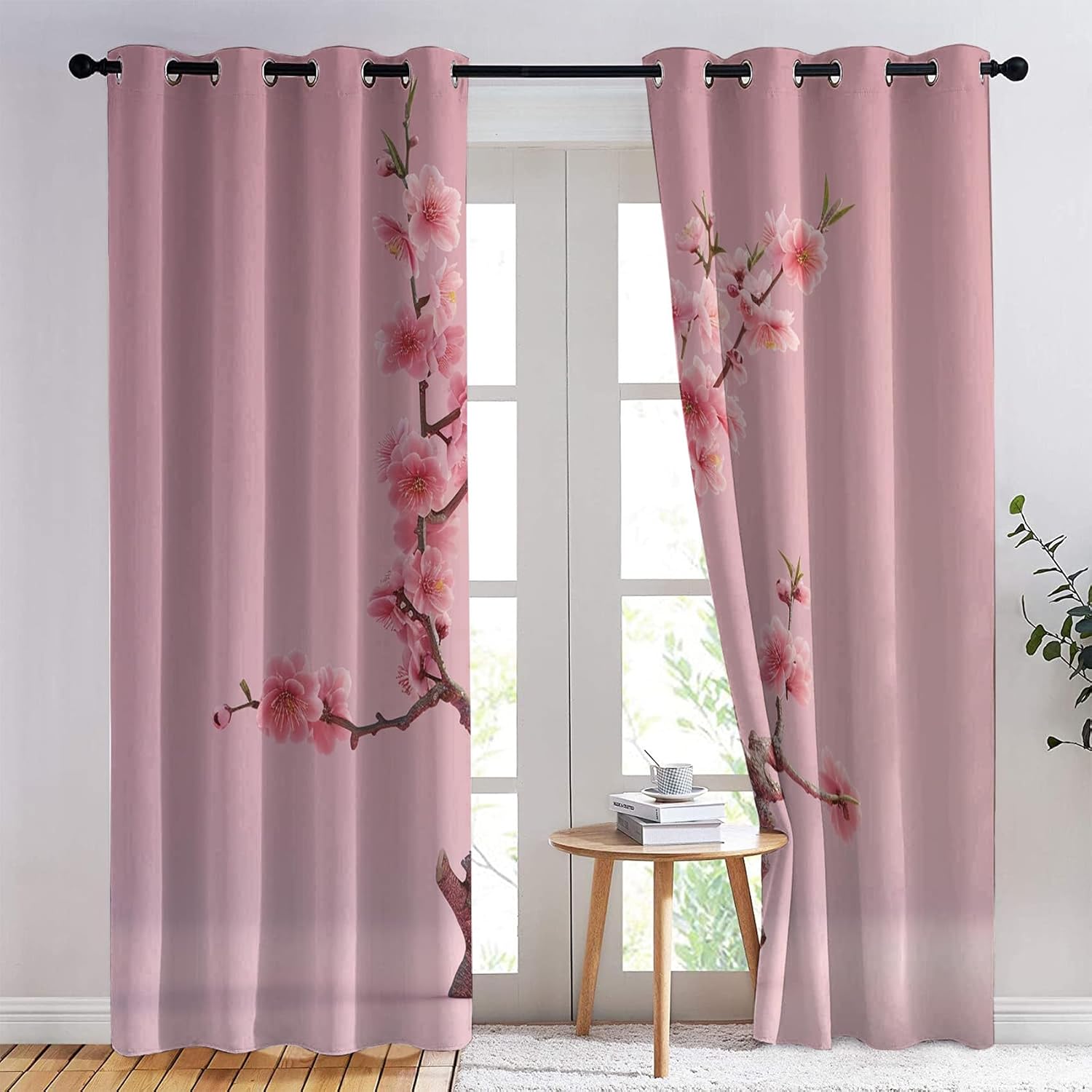 Cherry Blossom Curtains for Bedroom, Pink Floral Curtains for Living Room, Flower Window Curtains, Blackout Curtains 63 Inches Long, Grommet Curtains 2 Panels Set & Home Decor
