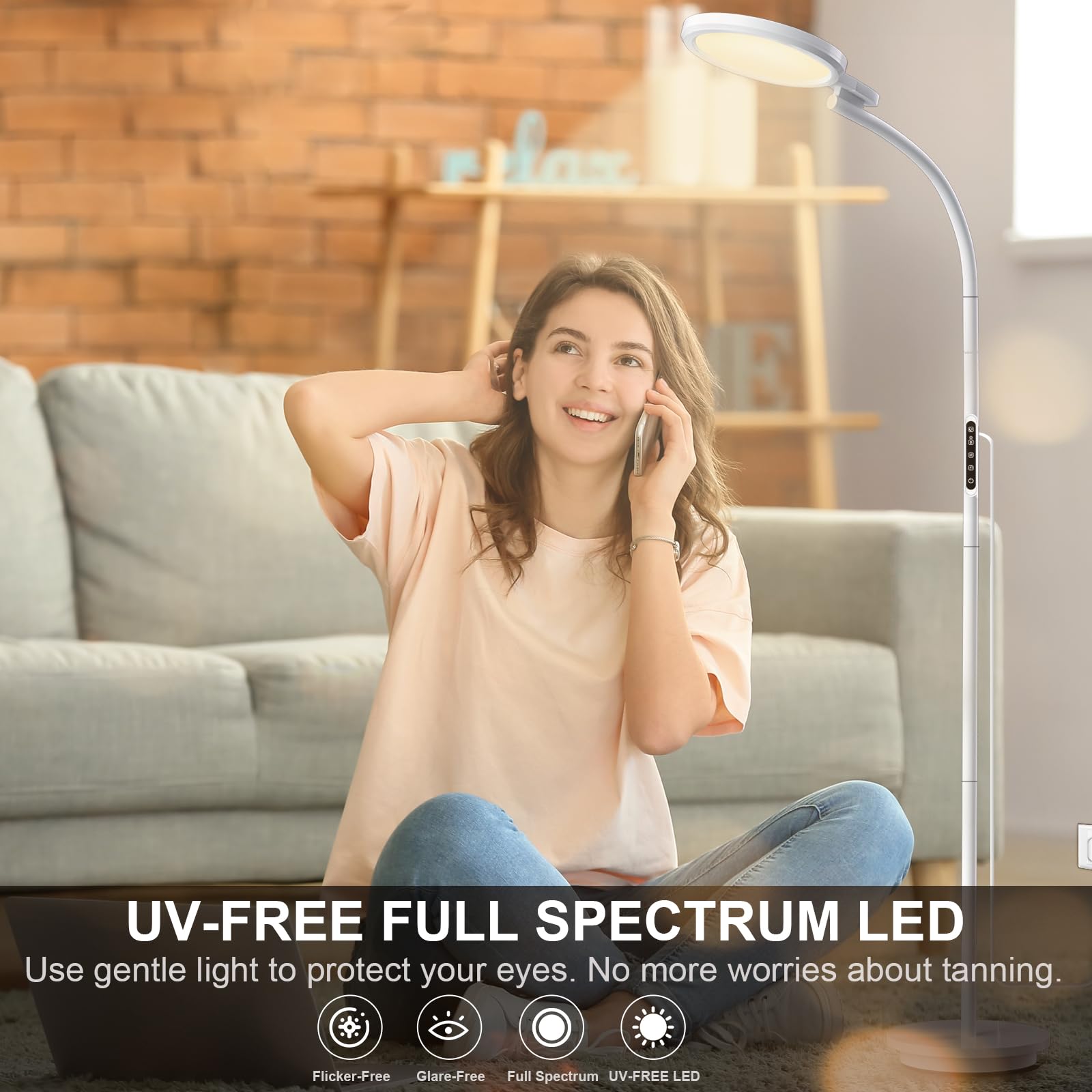 Hottoerak Tageslichtlampe Stehlampe, UV-freie 10000 Lux LED Lichttherapielampe mit Fernbedienung, 5 Lichtfarben & 5 Helligkeitsstufen & Timer, Sonnenlicht Lampe für Büro/Haus/Lesen